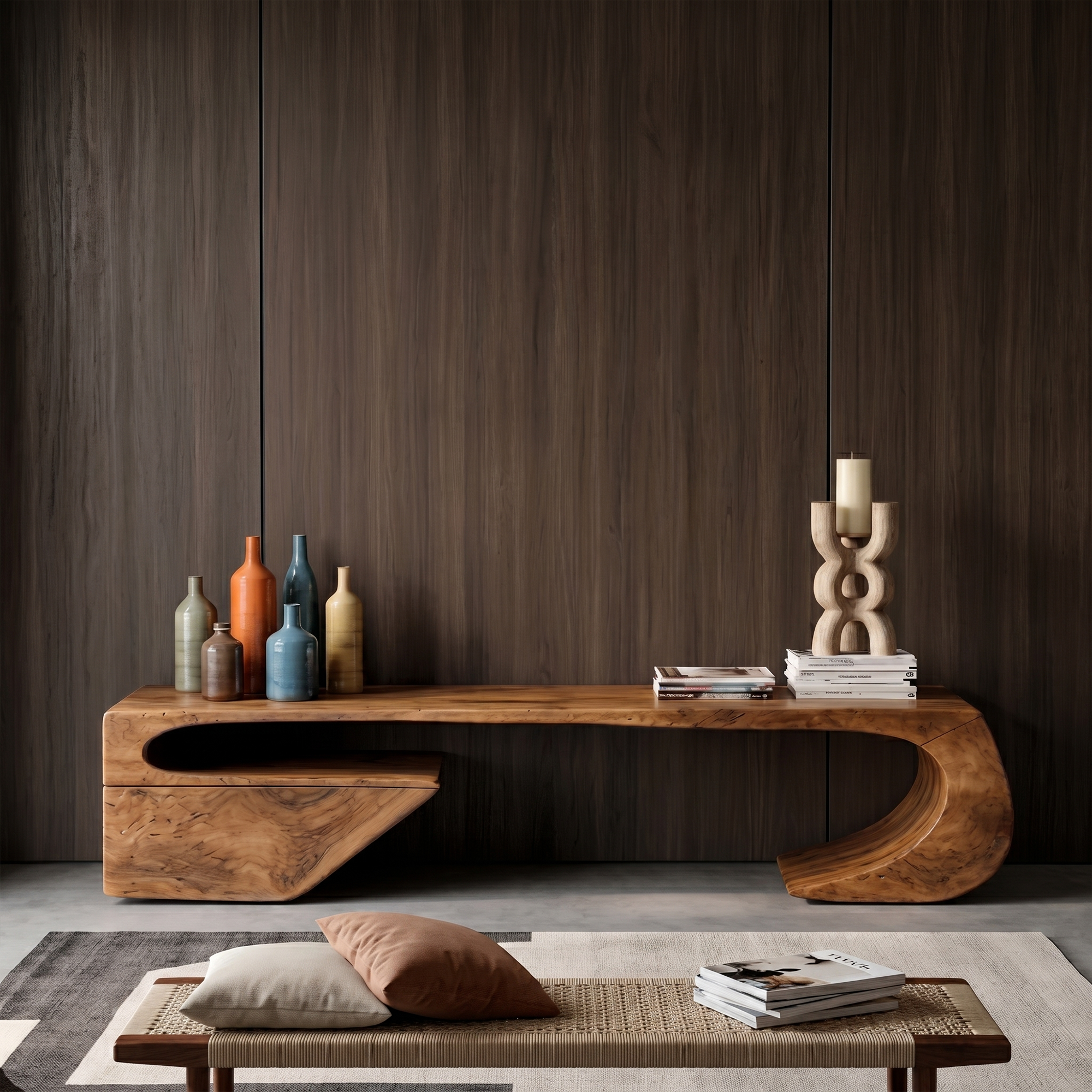 Japandi TV Cabinet With Sculptural Curved Wood Base And Solid Wood Media Console For Living Room SINLKITC035