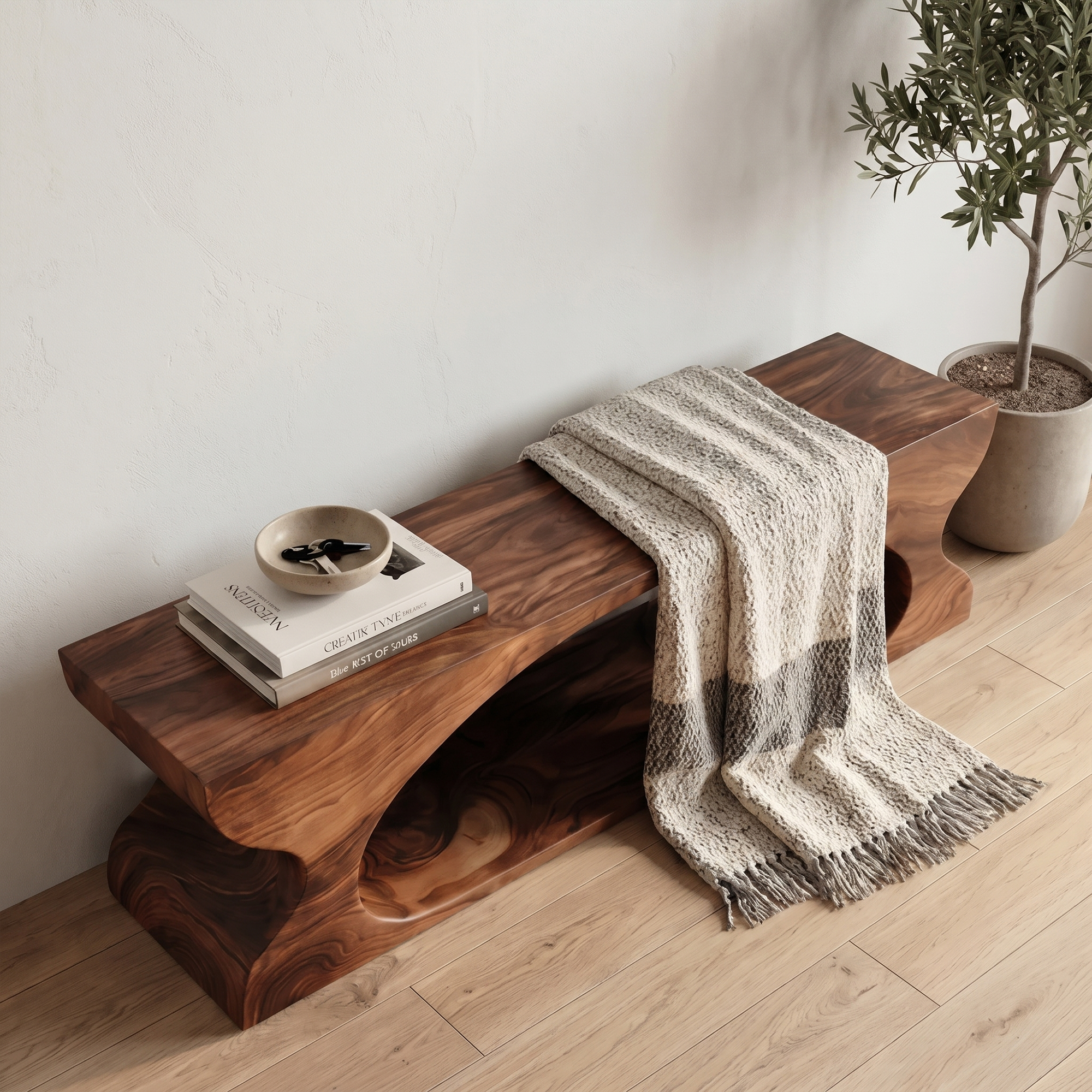 Modern Sculptural Wooden Bench With Organic Design For Entryway And Living Room SINLKIRS105