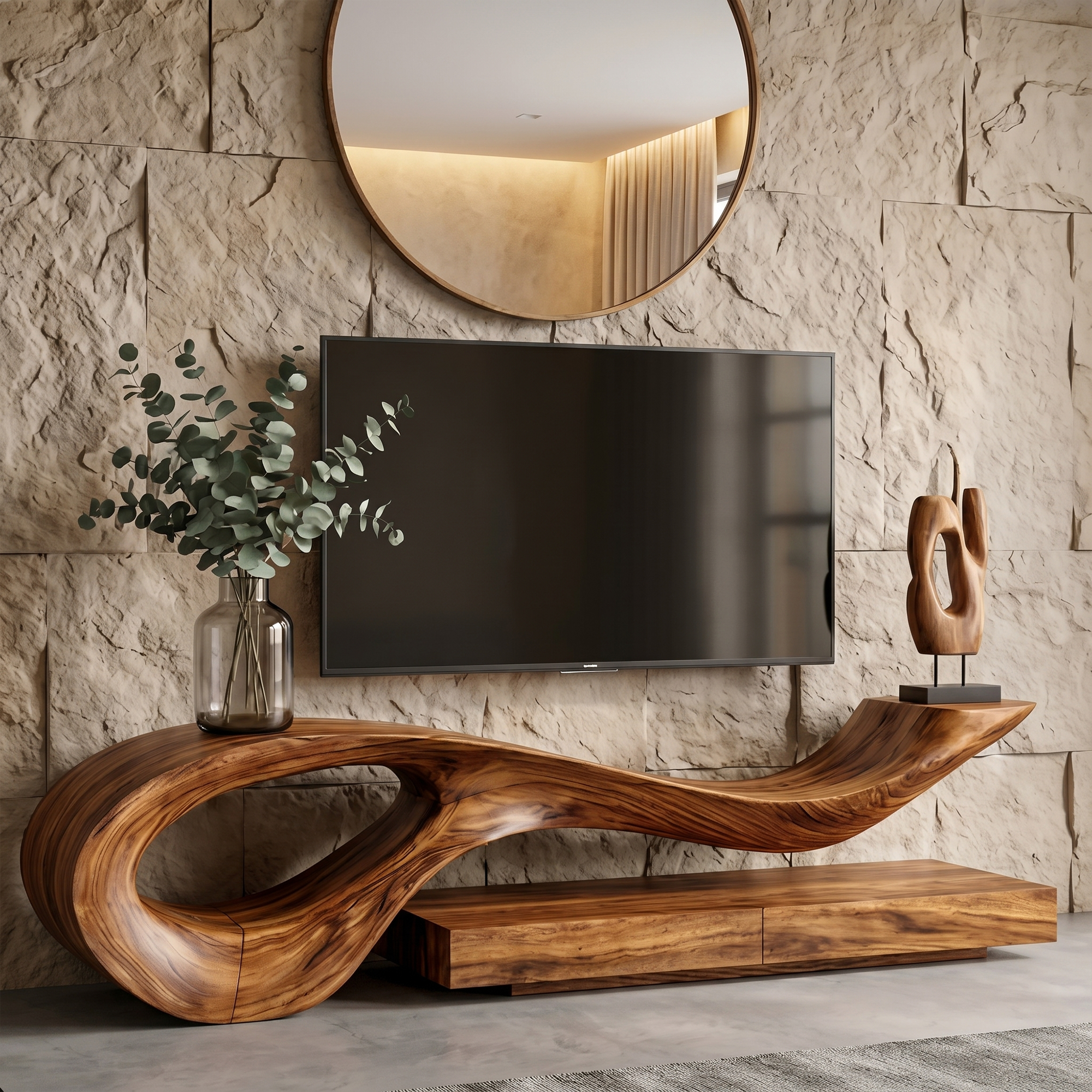 Sculptural TV Cabinet With Unique Flowing Curve Wood Base And Solid Wood Media Console For Living Room SINLKITC036