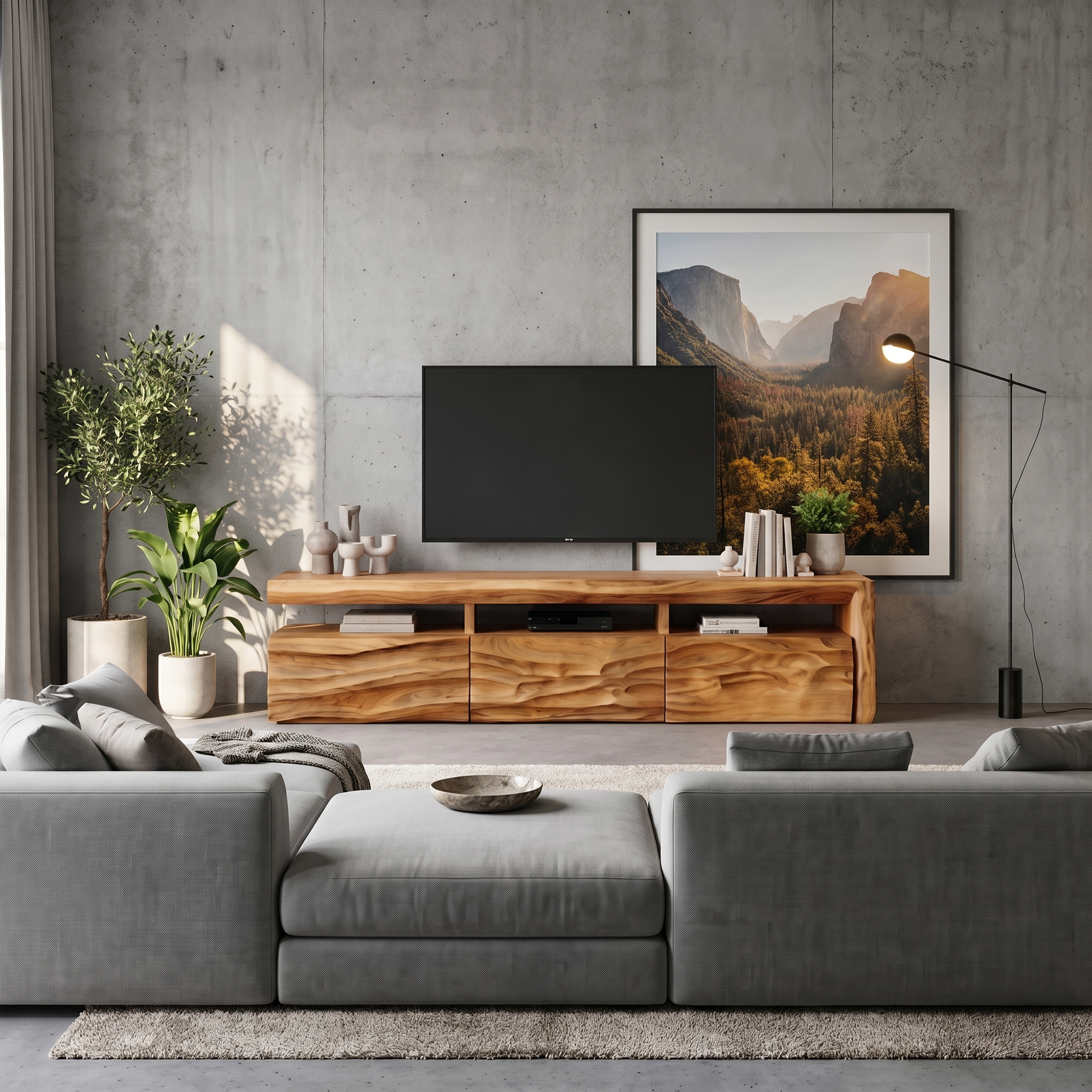 Organic TV Cabinet With Hand Carved Solid Wood Front And Open Media Storage For Living Room SINLKITC048