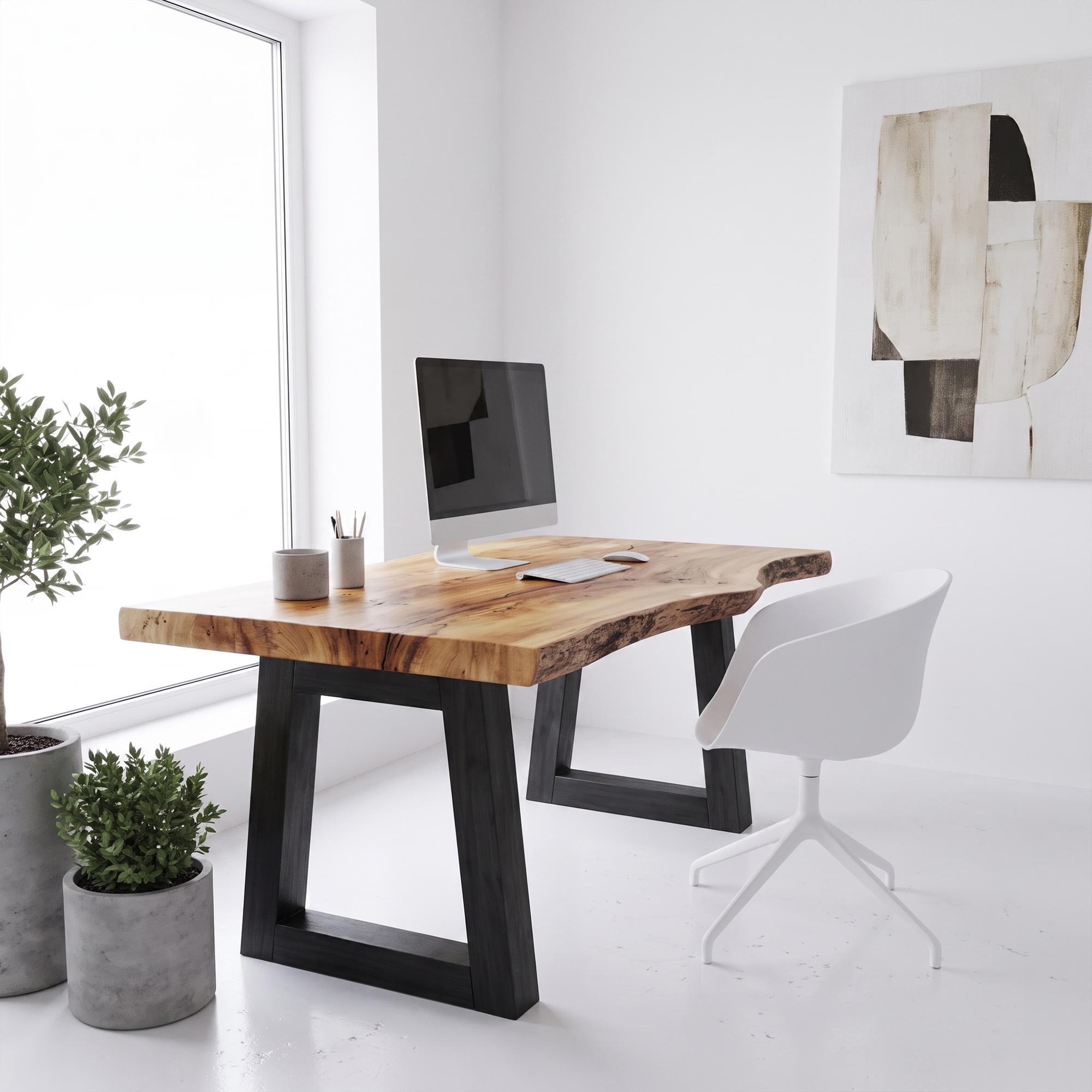 Modern Desk With Live Edge Solid Wood Top And Steel Base For Workspace SINLKIDK156