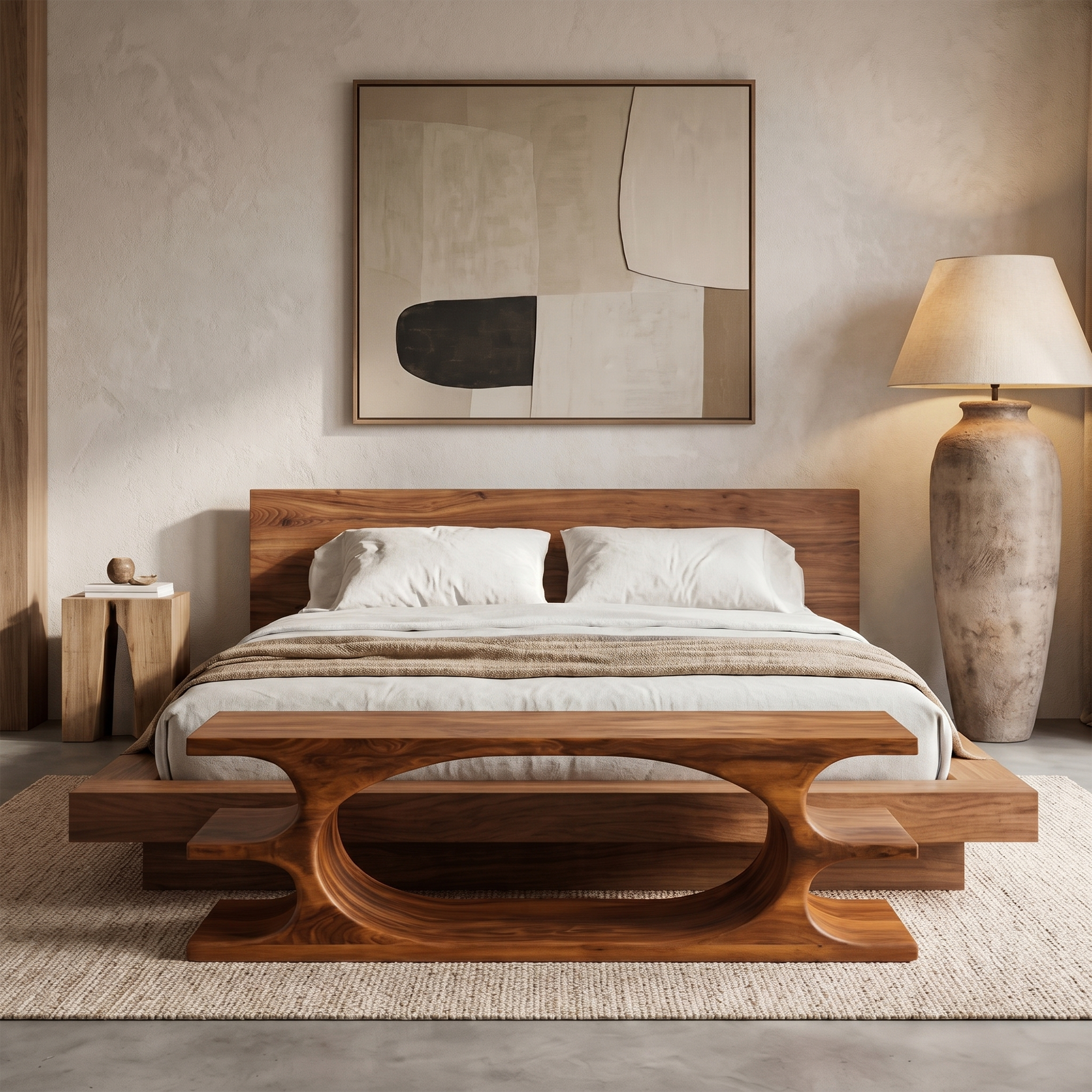 Organic Sculptural Wooden Bench With Flowing Curved Base For Living Room And Entryway SINLKIRS106