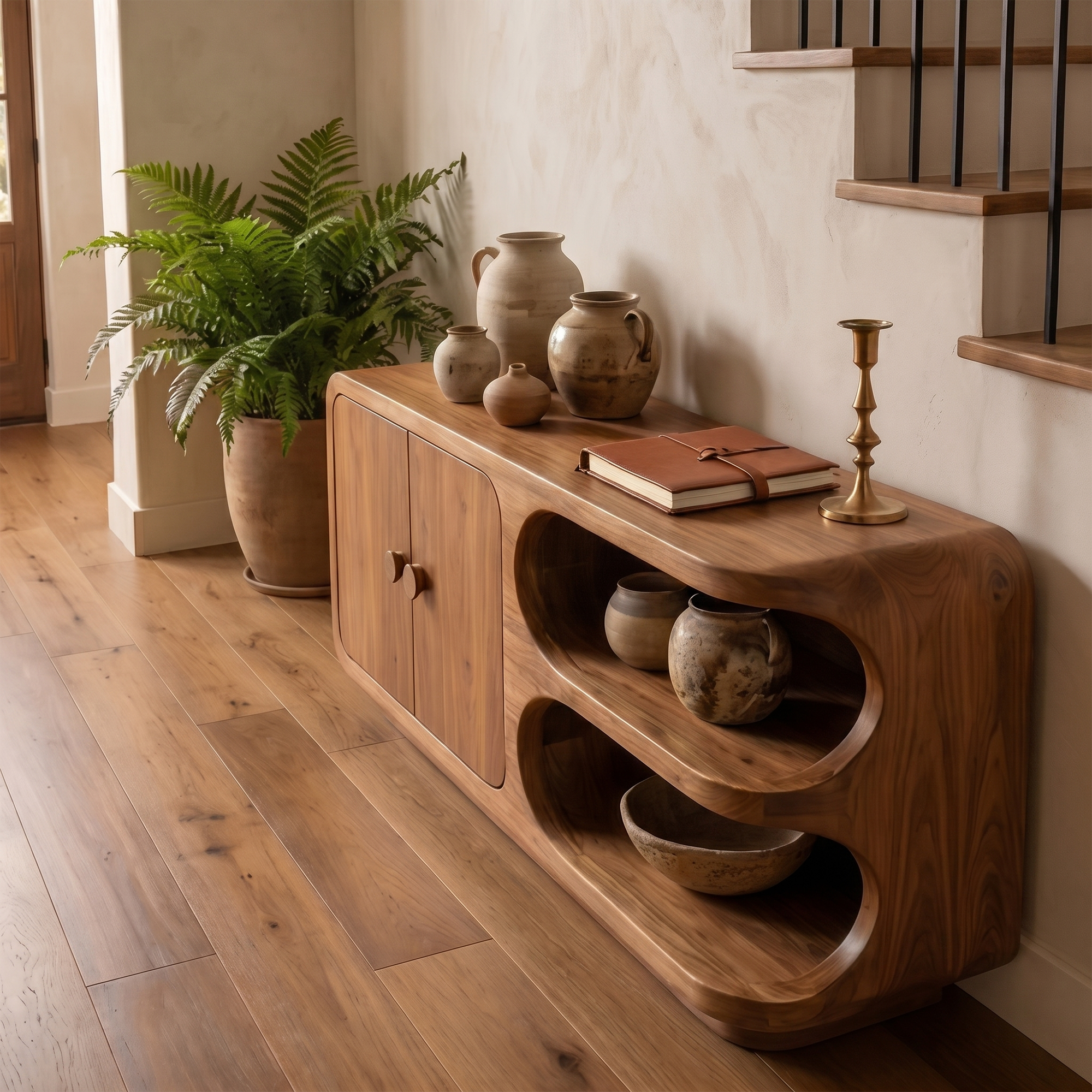 Organic Sideboard With Rounded Solid Wood Frame And Open Display Shelves For Living Room SINLKISC526