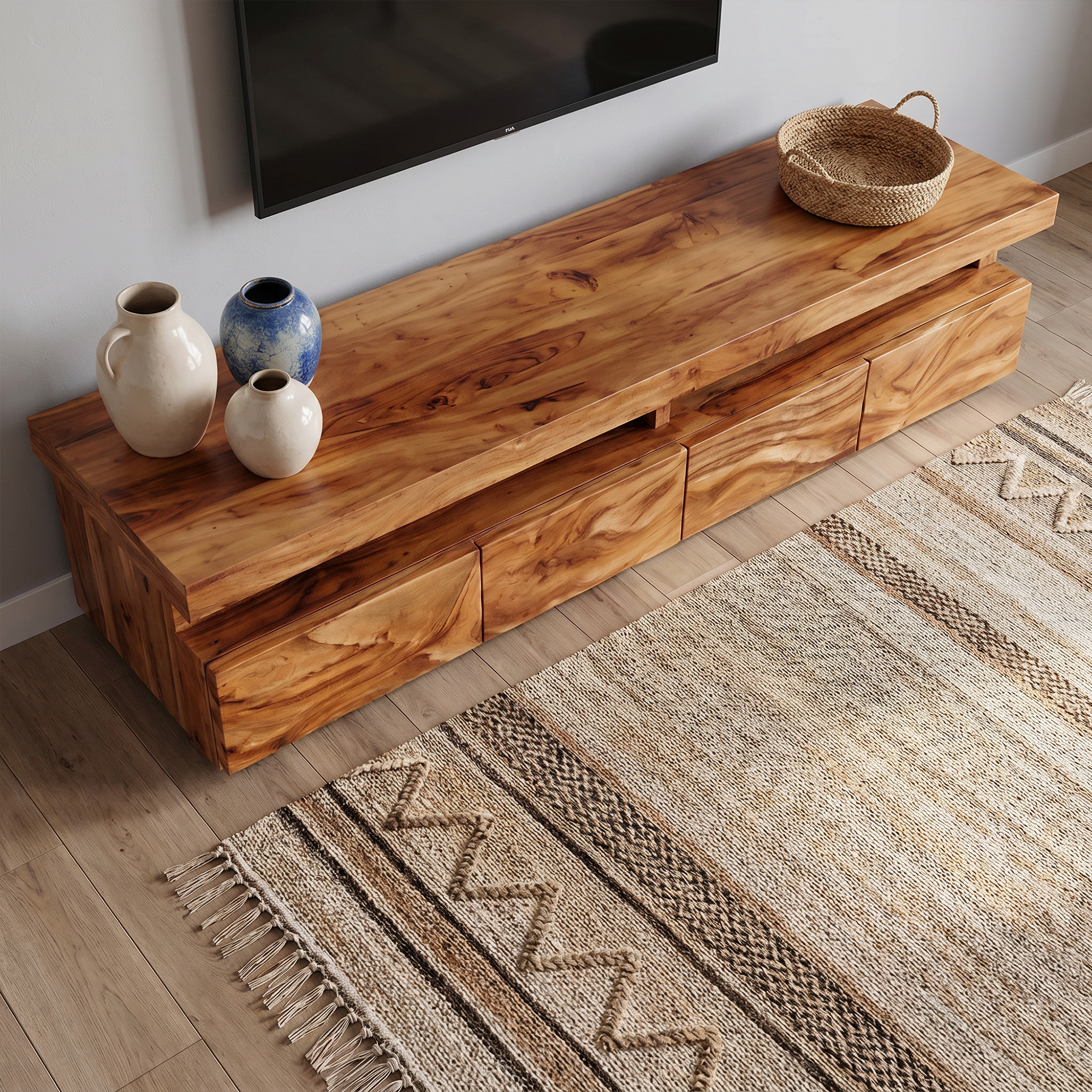 Modern TV Stand With Hand Carved Solid Wood Front And Media Storage For Living Room SINLKITC049