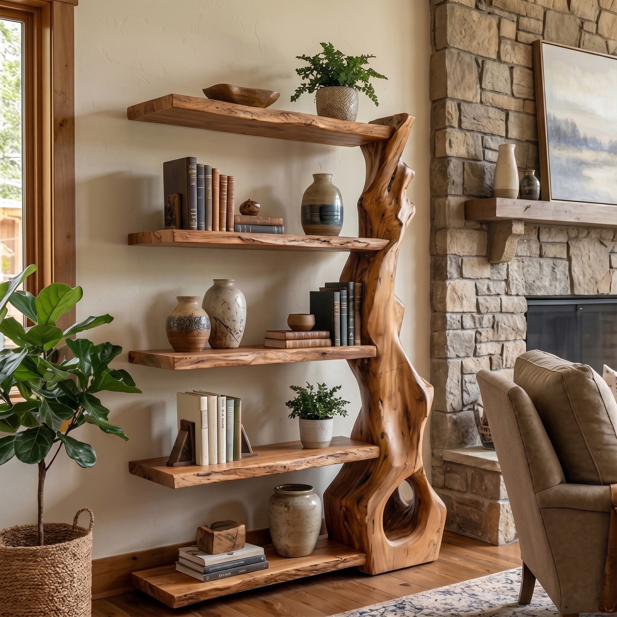 Rustic Tree Bookshelf With Handcrafted Branch Base And Open Shelves SINLKITB739