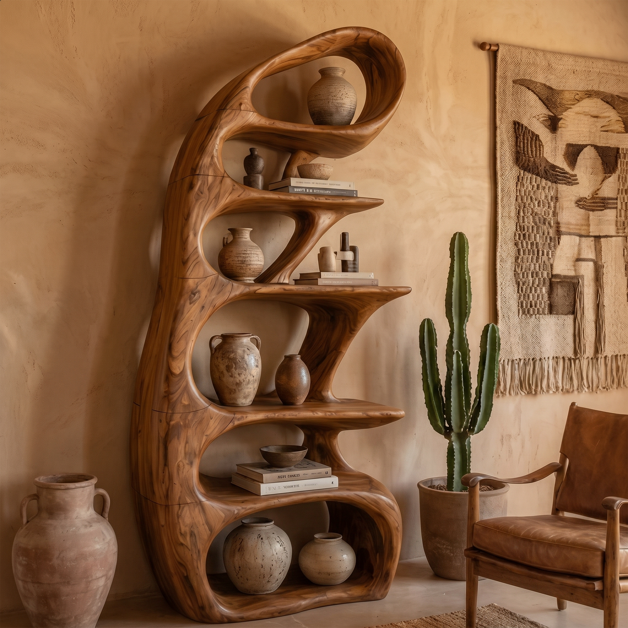 Sculptural Bookshelf With Tree Inspired Curved Shelves And Solid Wood Frame For Living Room SINLKIBS033