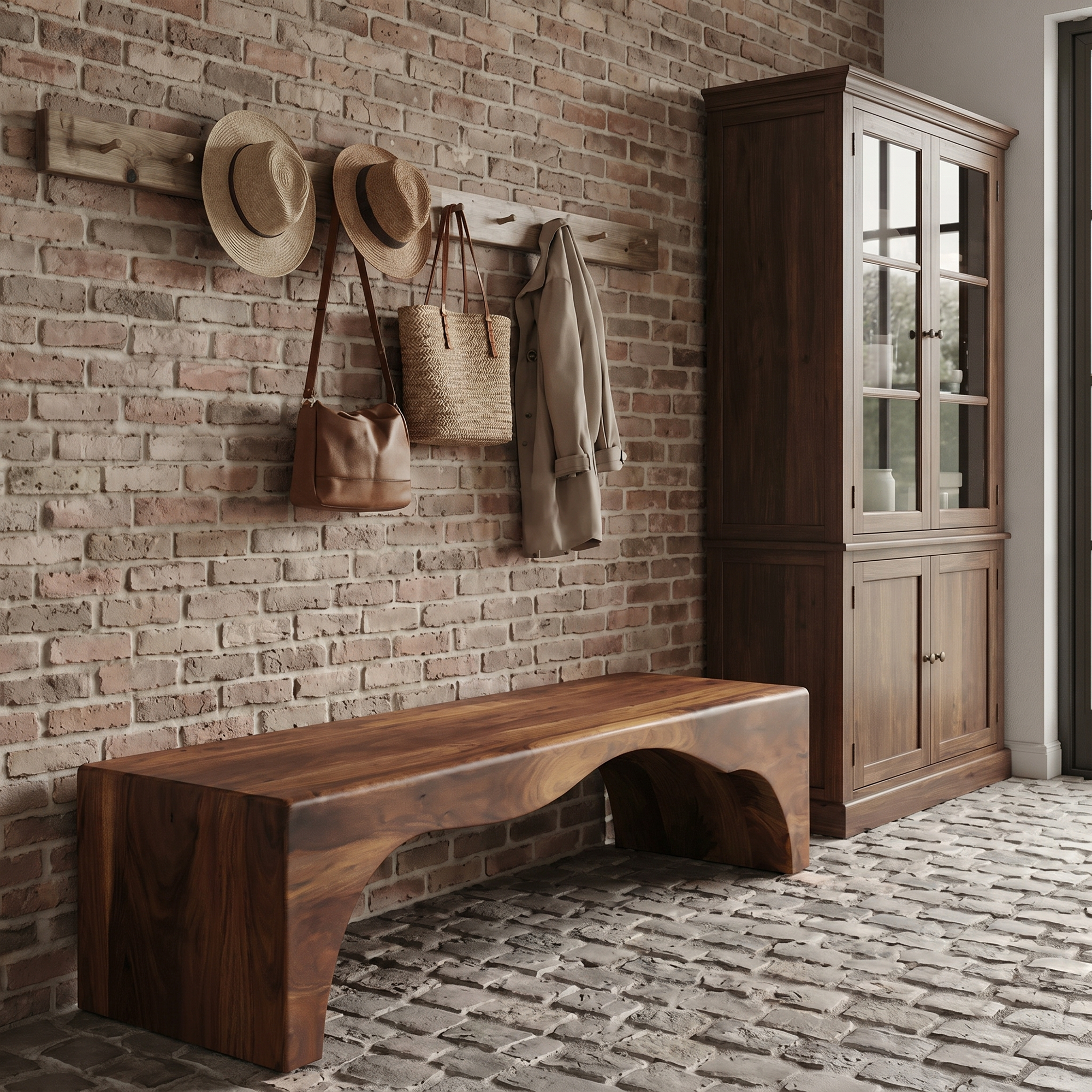 Rustic Live Edge Wooden Bench With Open Storage Shelf For Entryway SINLKIRS110