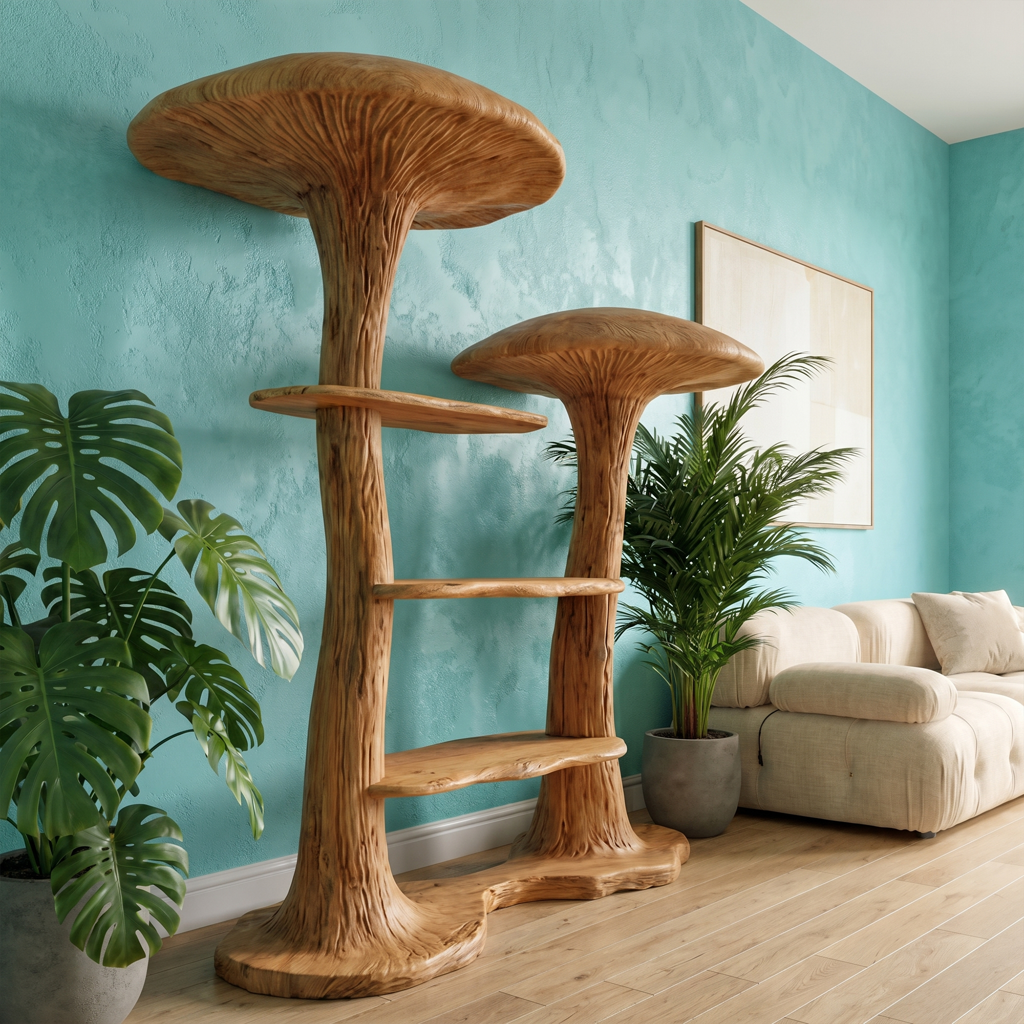 Organic Modern Mushroom Bookcase With Sculptural Solid Wood Form For Living Room SINLKITB742