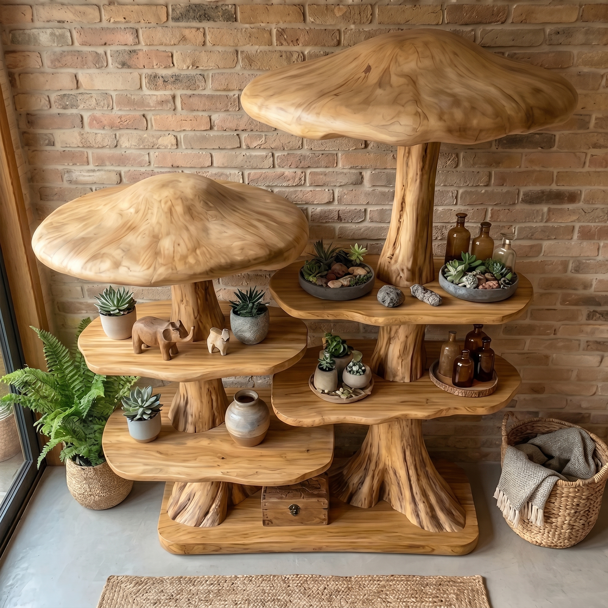 Mushroom Tree Bookshelf With Handcrafted Solid Wood Structure For Reading Corner SINLKITB744