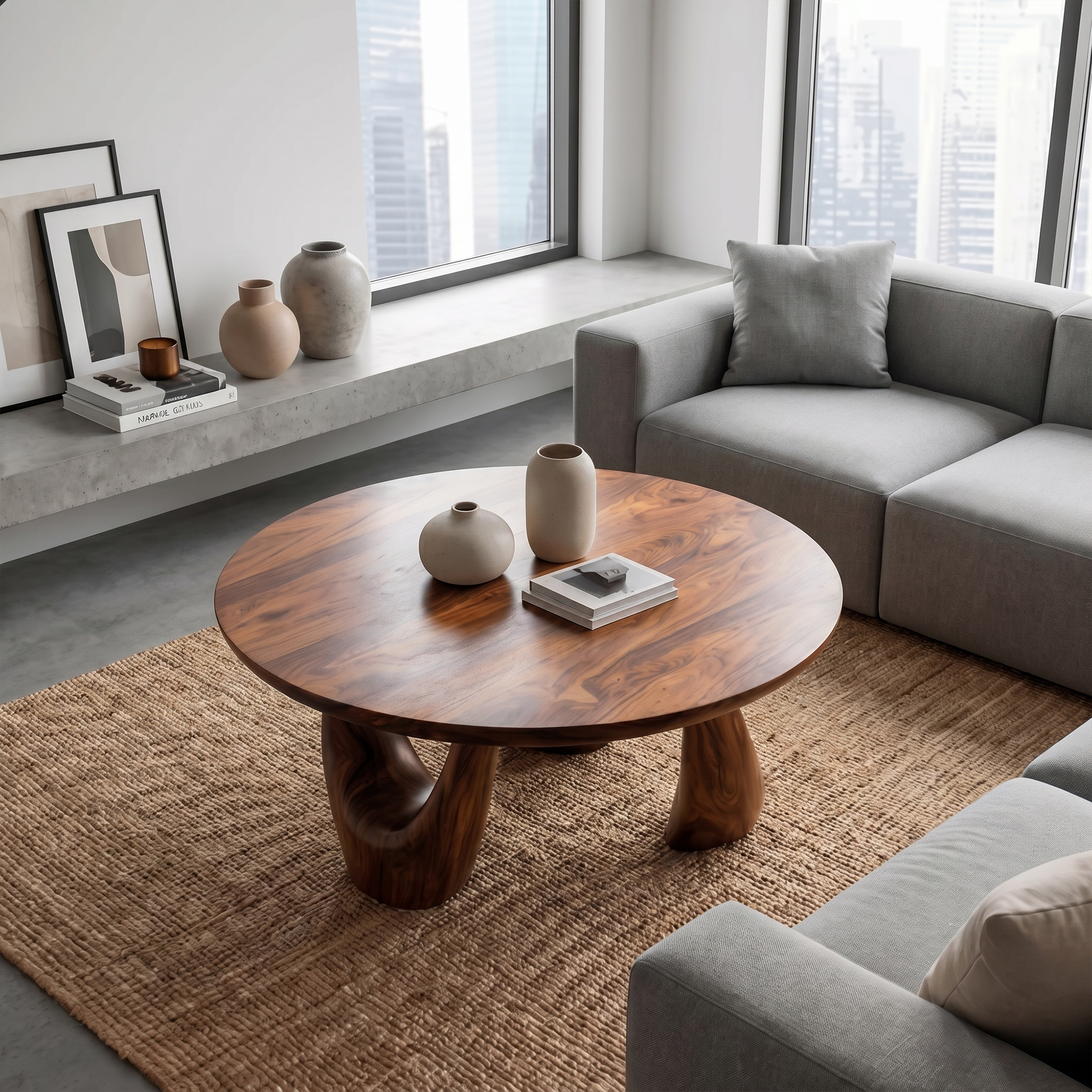 Organic Coffee Table With Freeform Live Edge Top And Sculptural Loop Wood Base For Living Room SINLKICF378