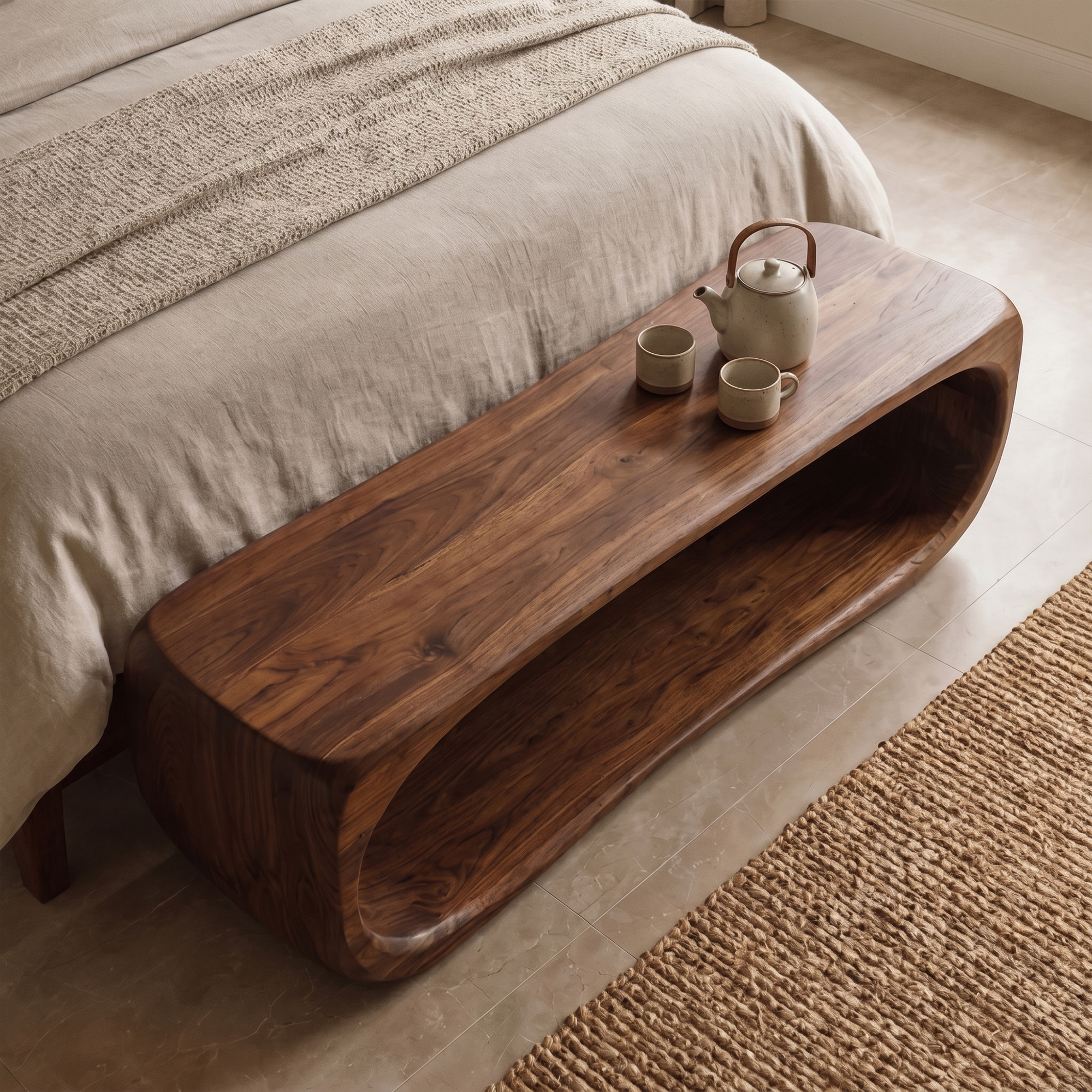 Organic Bench With Sculptural Curved Base And Open Storage Shelf For Entryway SINLKIRS114