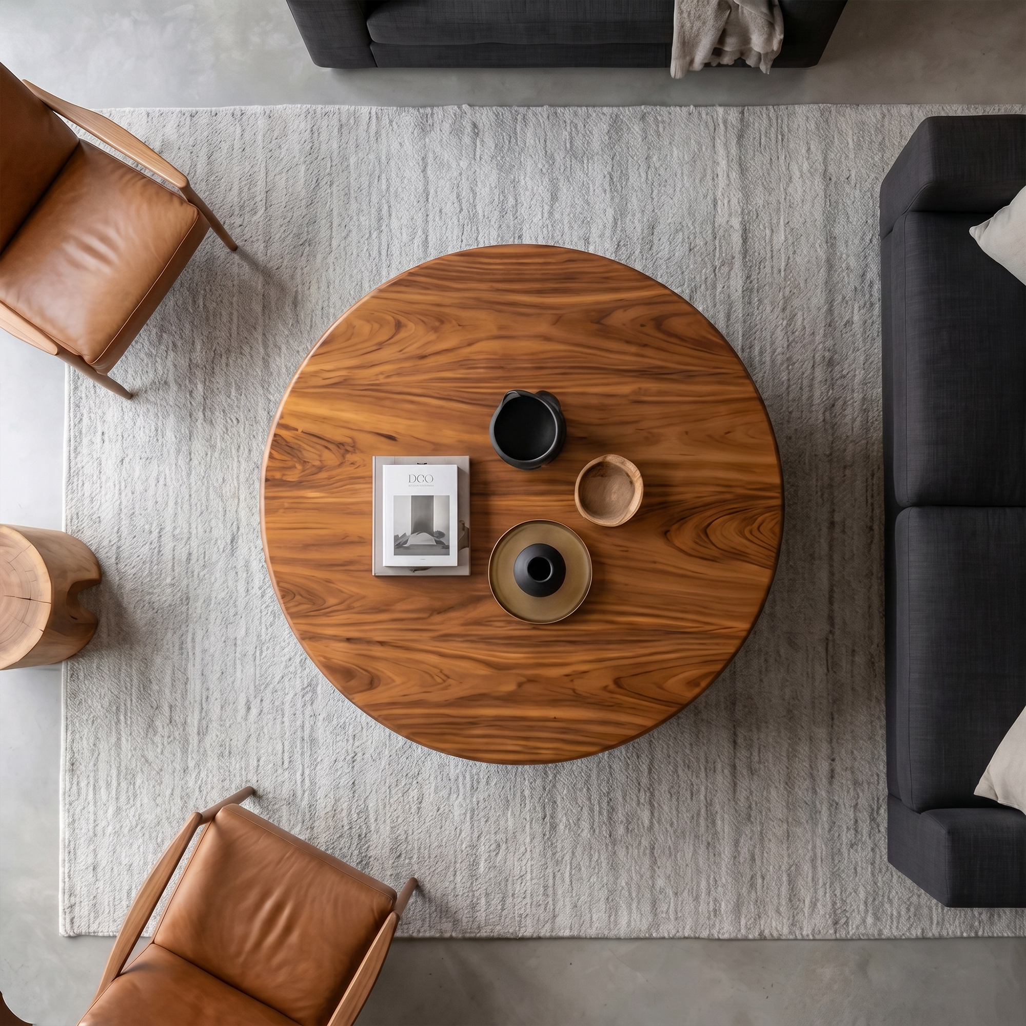 Organic Modern Coffee Table With Round Wood Top And Artistic Curved Base For Living Room SINLKICF379