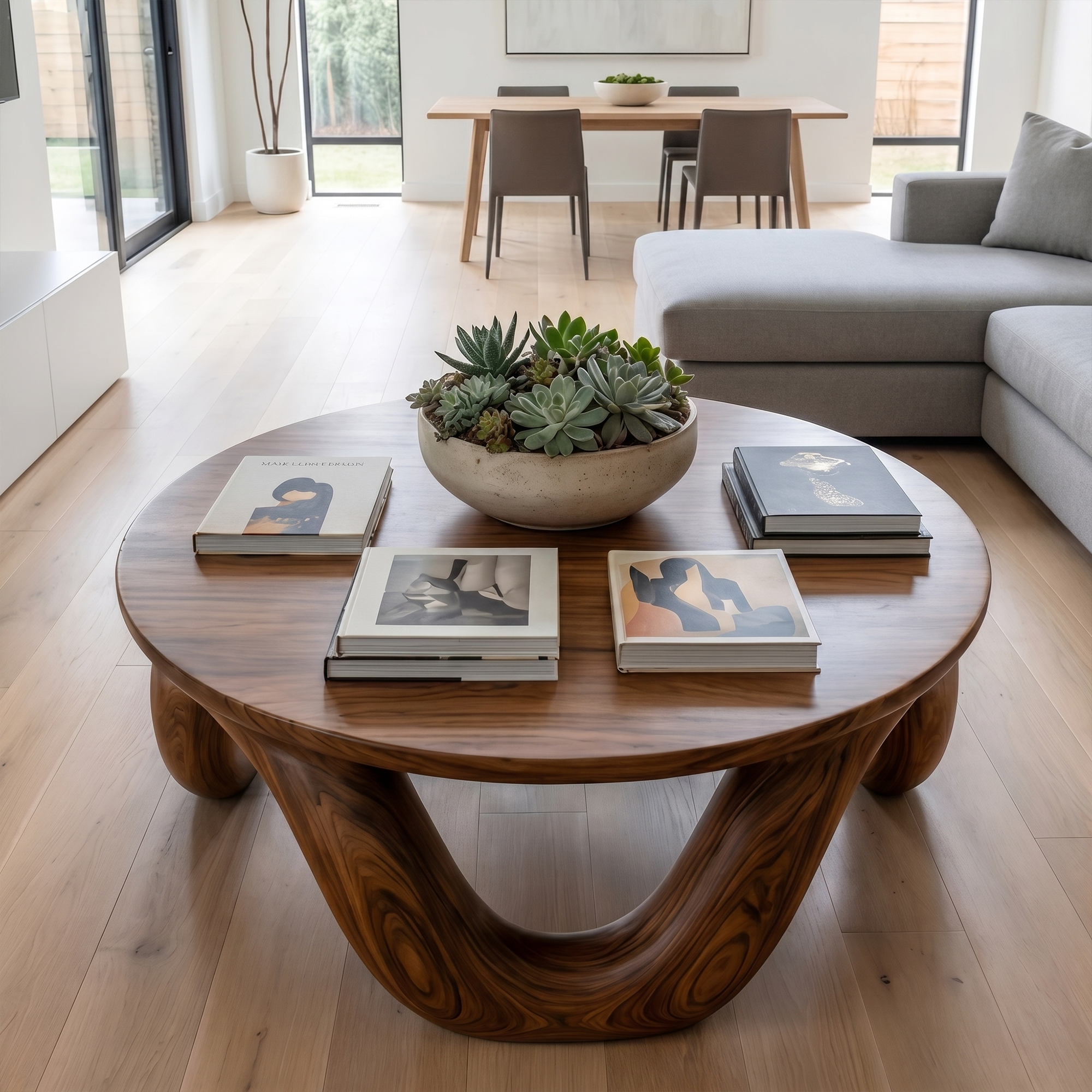 Modern Coffee Table With Round Solid Wood Top And Artistic Sculptural Base For Living Room SINLKICF380
