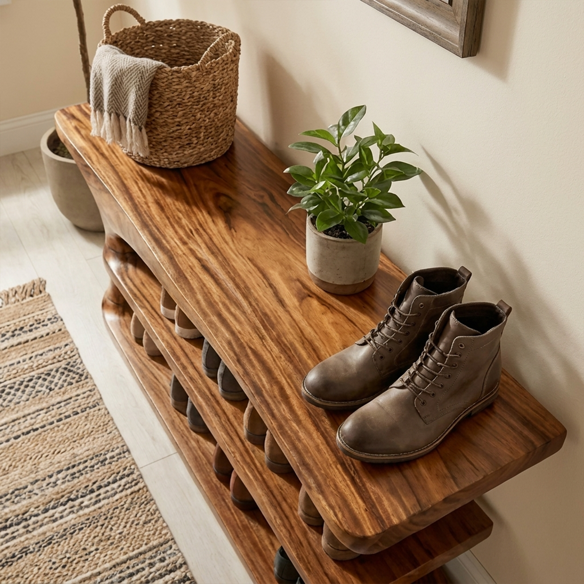 Mid Century Natural Wood Shoe Storage Bench Hallway SINLKISB049
