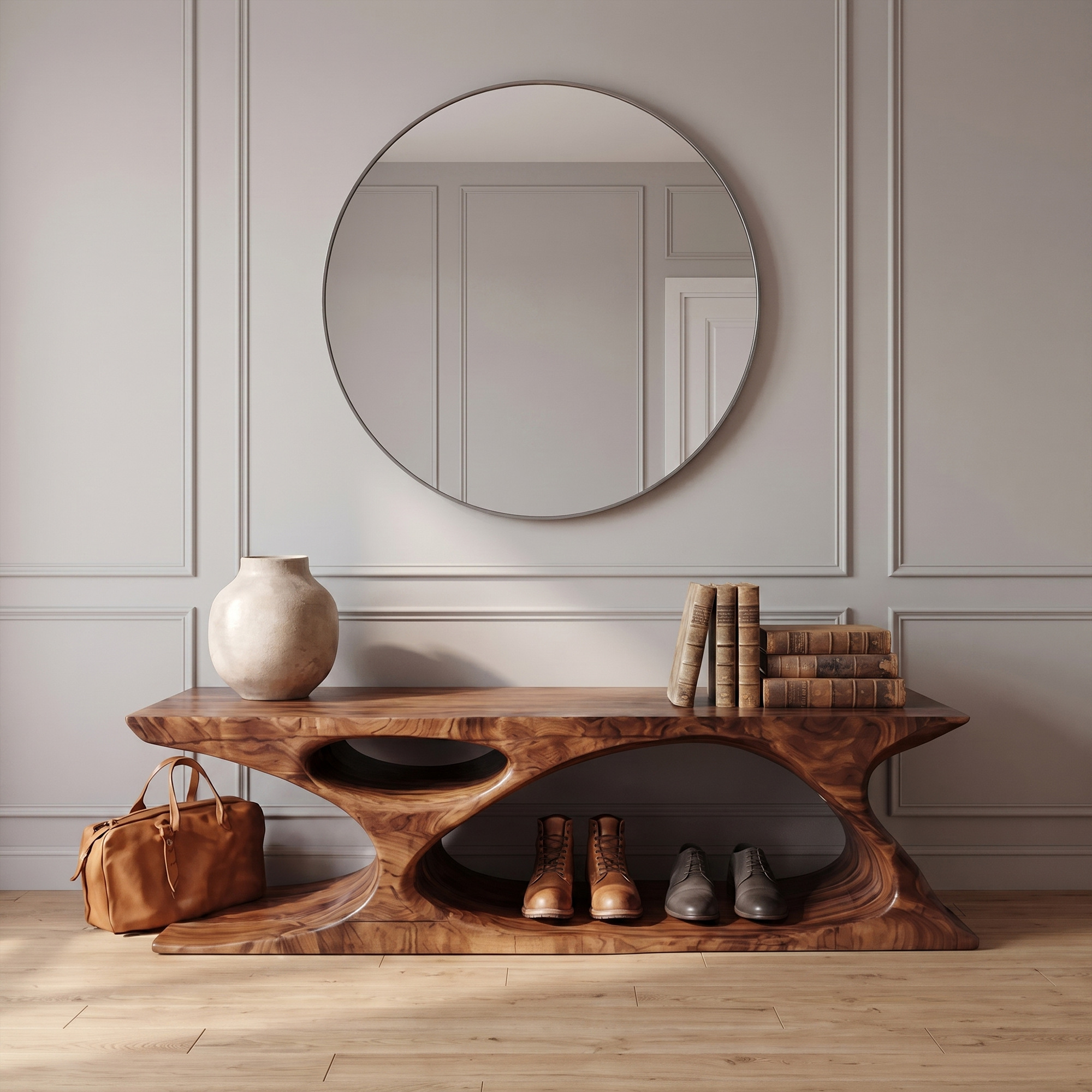 Modern Bench With Sculptural Open Base And Built In Shoe Storage For Entryway SINLKIRS117