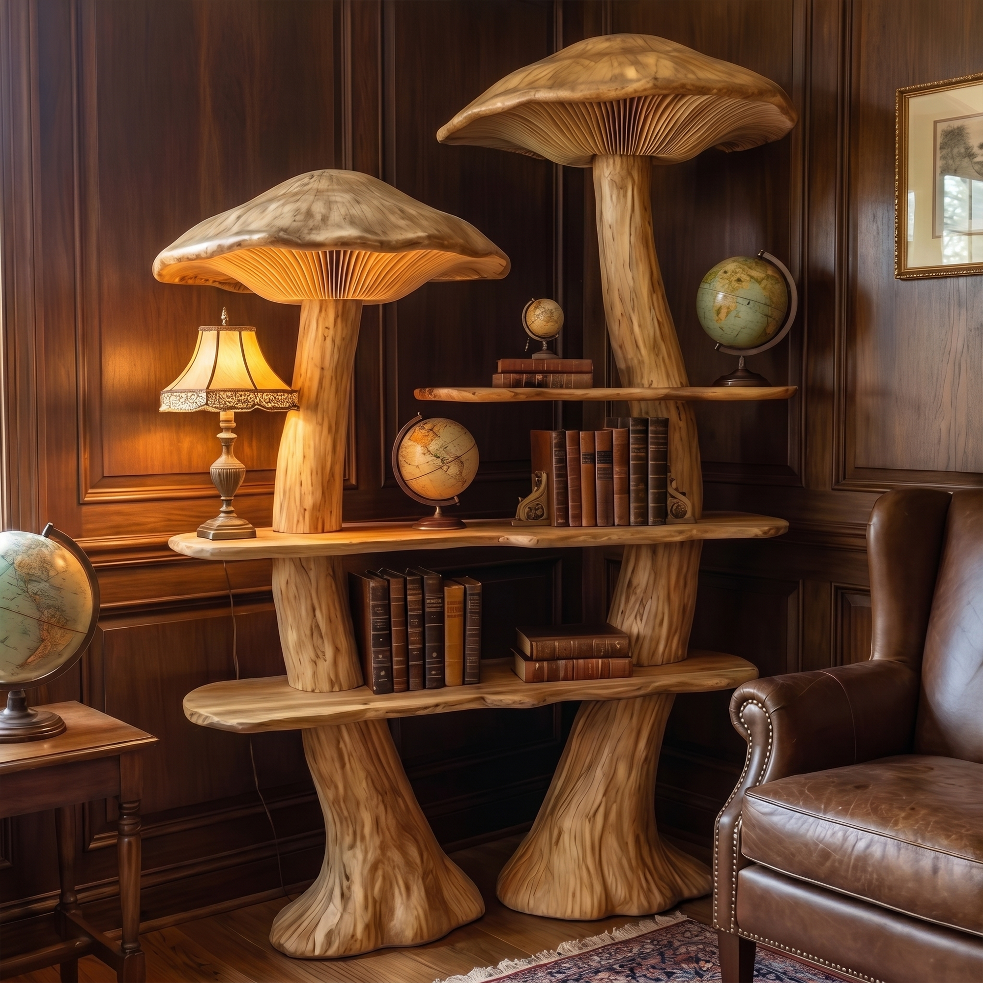 Rustic Mushroom Bookshelf With Tree Trunk Base And Solid Wood Shelves For Living Room SINLKITB748