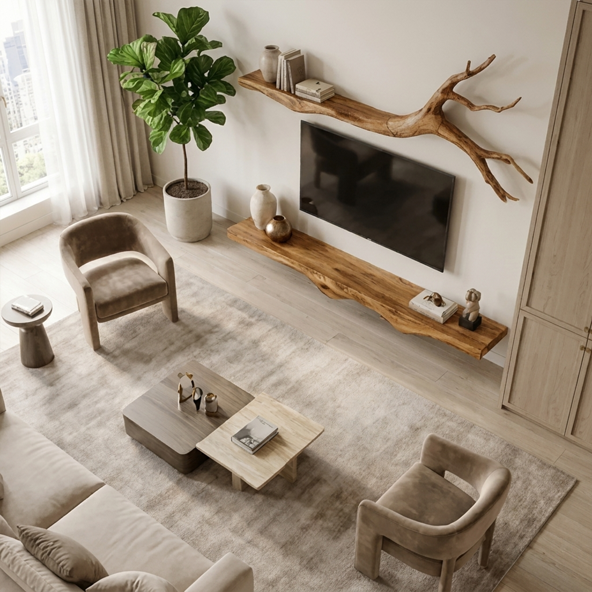 Set 2 Pieces Rustic Floating Wall TV Console Solid Wood Bedroom Living SINLKIFL189