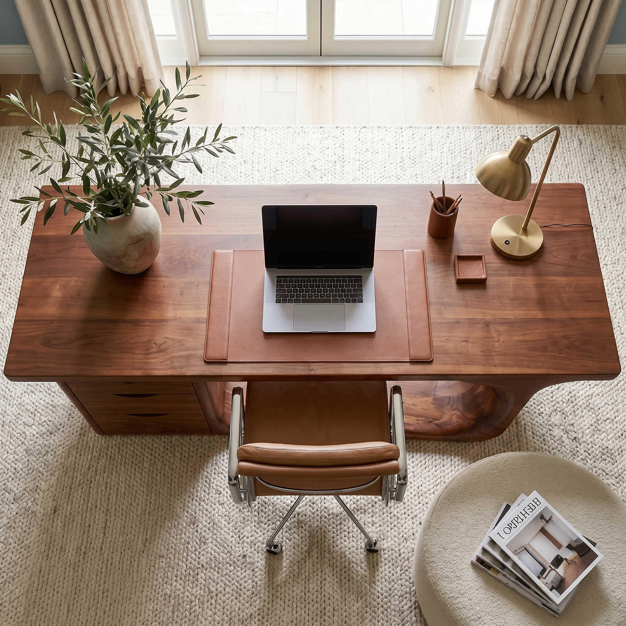 Rustic Executive Desk With Sculptural Solid Wood Base And Integrated Storage For Home Office SINLKIDK117