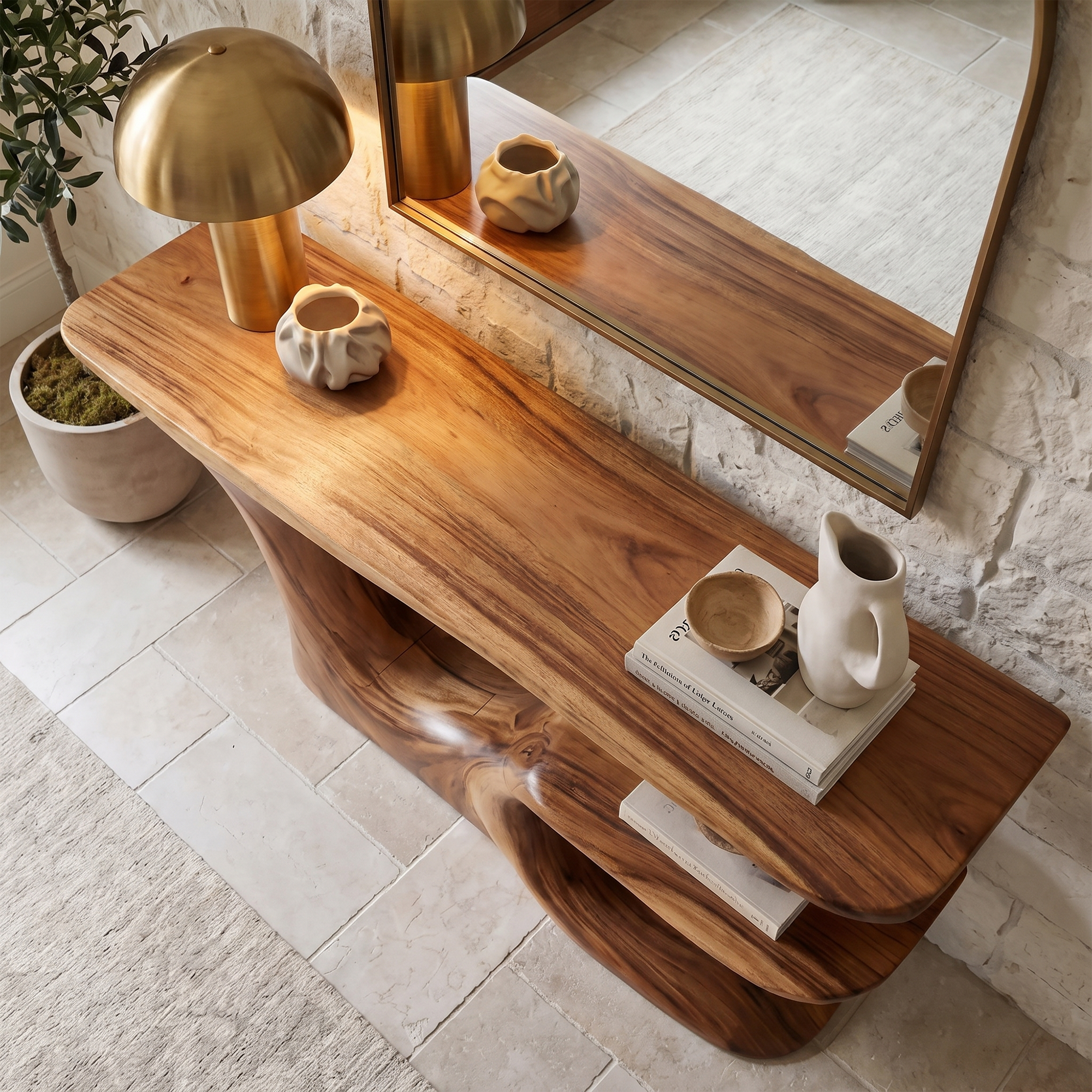 Rustic Organic Console Table With Live Edge Top And Sculptural Solid Wood Base For Entryway SINLKICS603