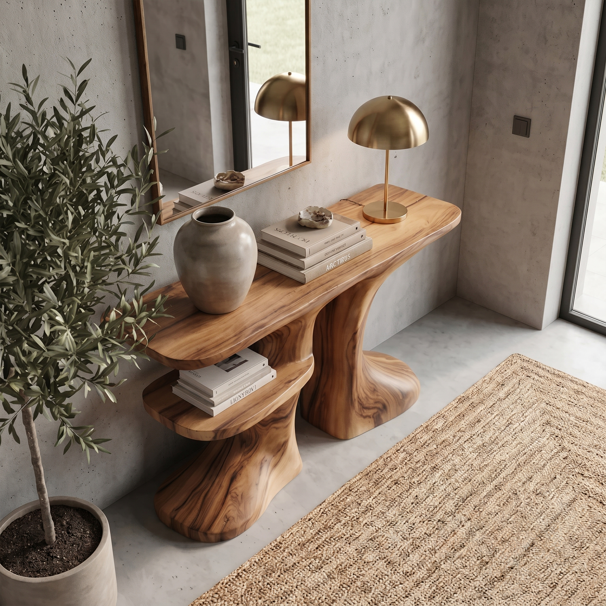 Organic Console Table With Live Edge Countertop And Sculptural Solid Wood Base For Entryway SINLKICS604