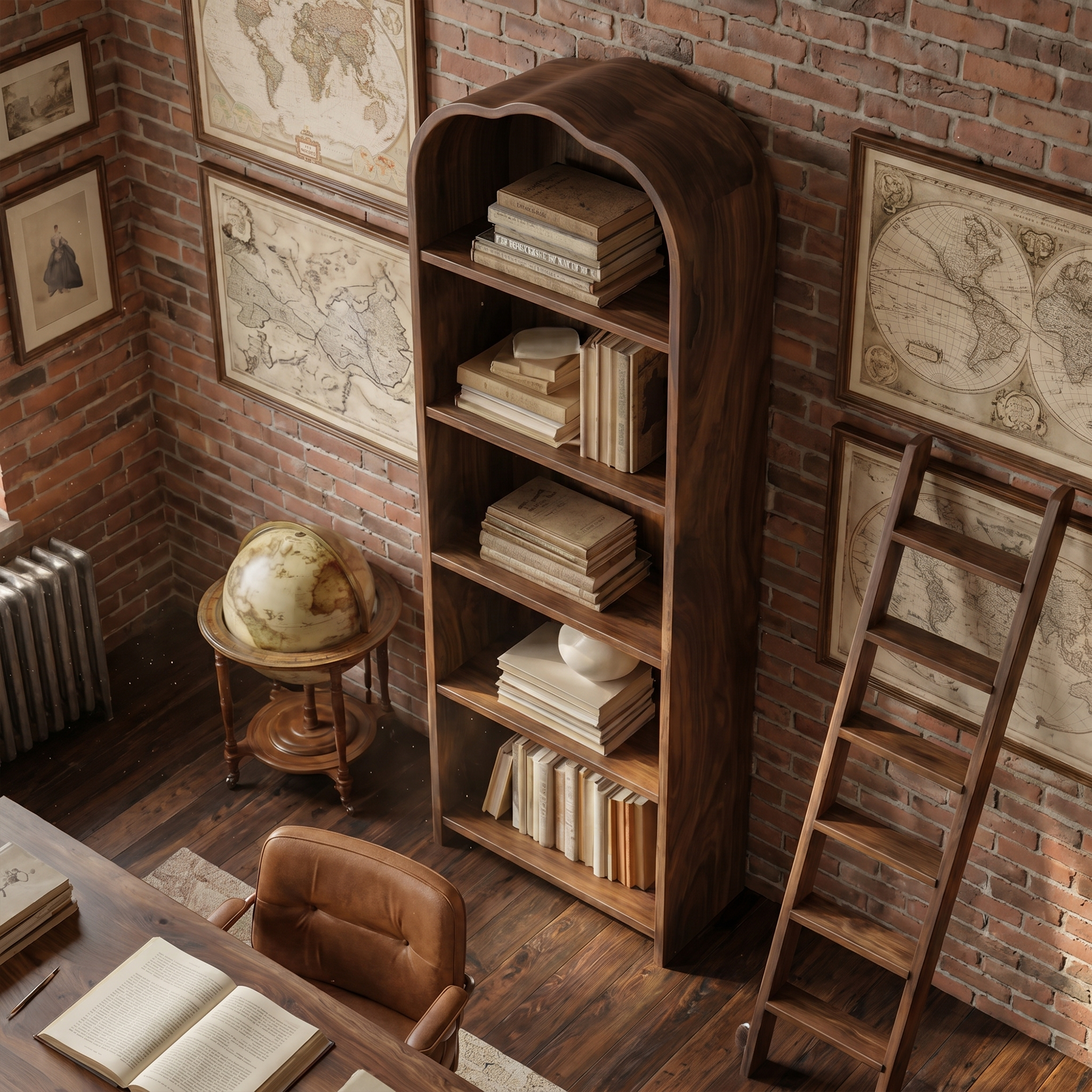 Rustic Arched Bookshelf With Solid Wood Frame And Open Display Shelves For Living Room SINLKIBS034
