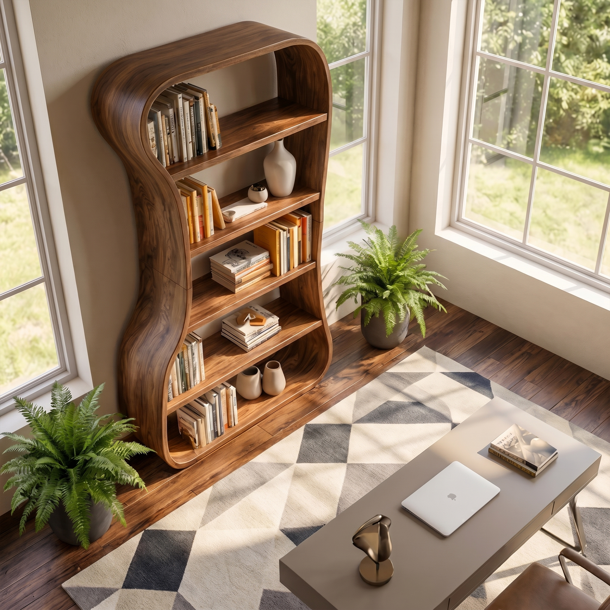 Organic Bookshelf With Sculptural Curved Solid Wood Shelves For Living Room SINLKIBS035