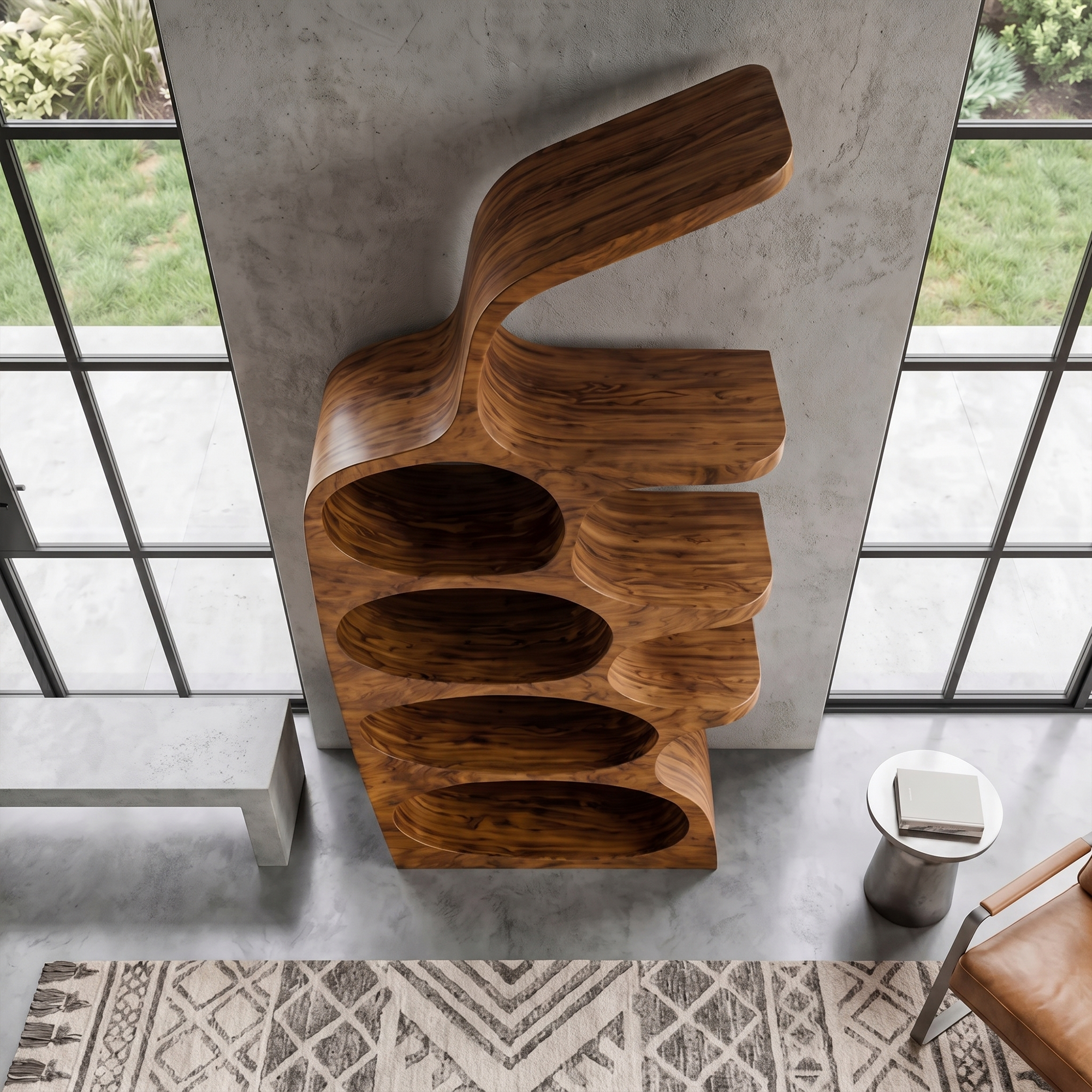 Modern Sculptural Bookshelf With Curved Open Shelves And Solid Wood Design For Living Room SINLKIBS036