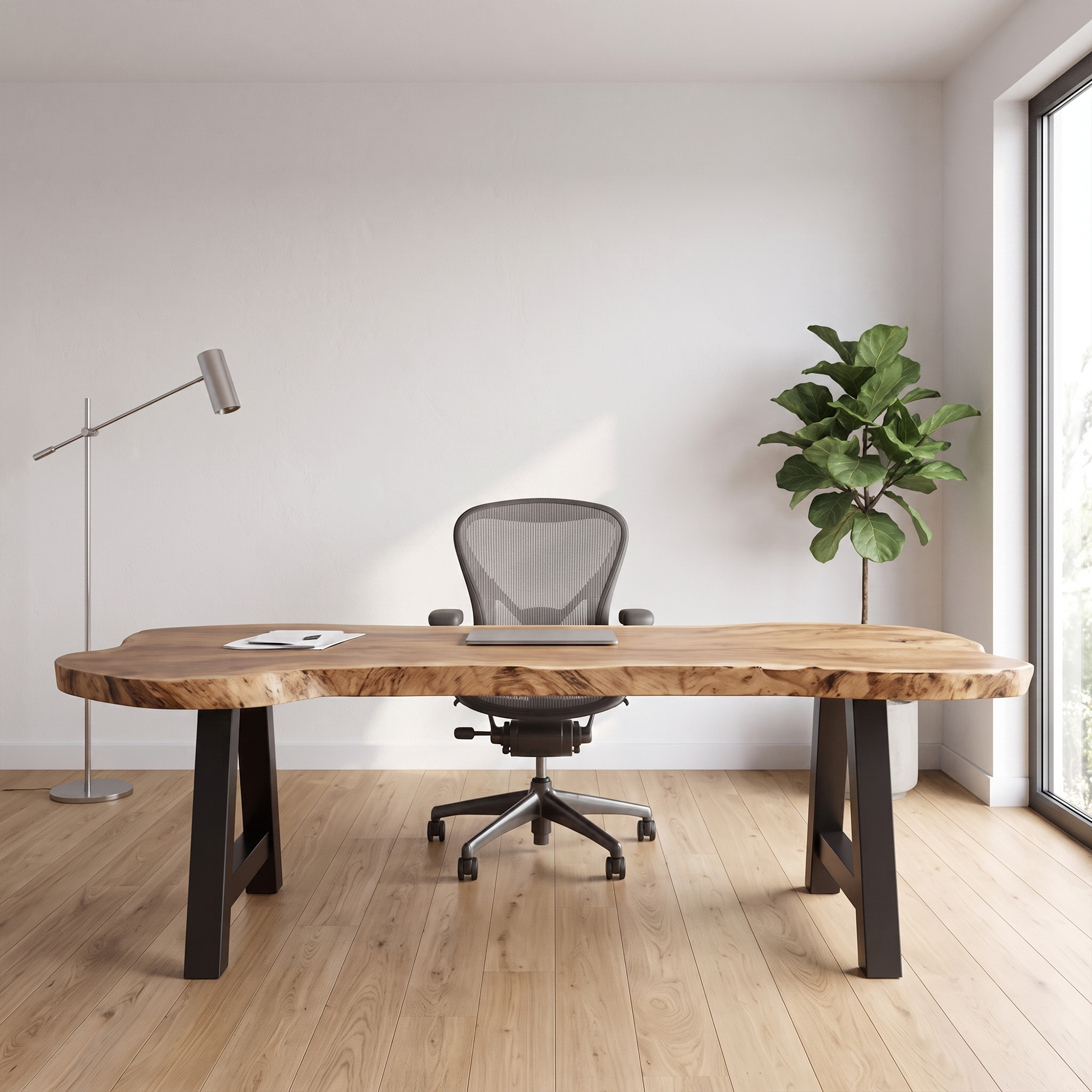 Rustic Writing Desk With Live Edge Wood Top And Metal Legs For Home Office SINLKIDK158
