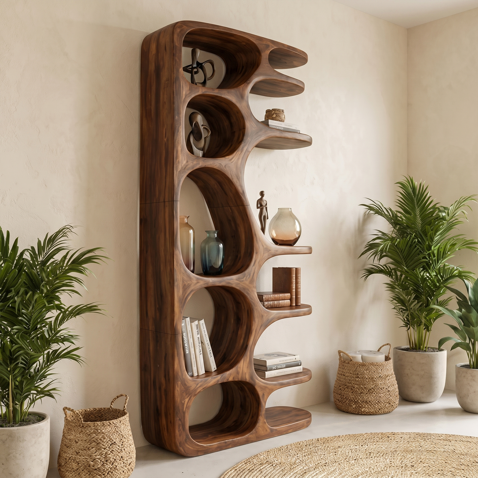 Minimalist Sculptural Bookshelf With Solid Wood Construction For Living Room SINLKIBS037
