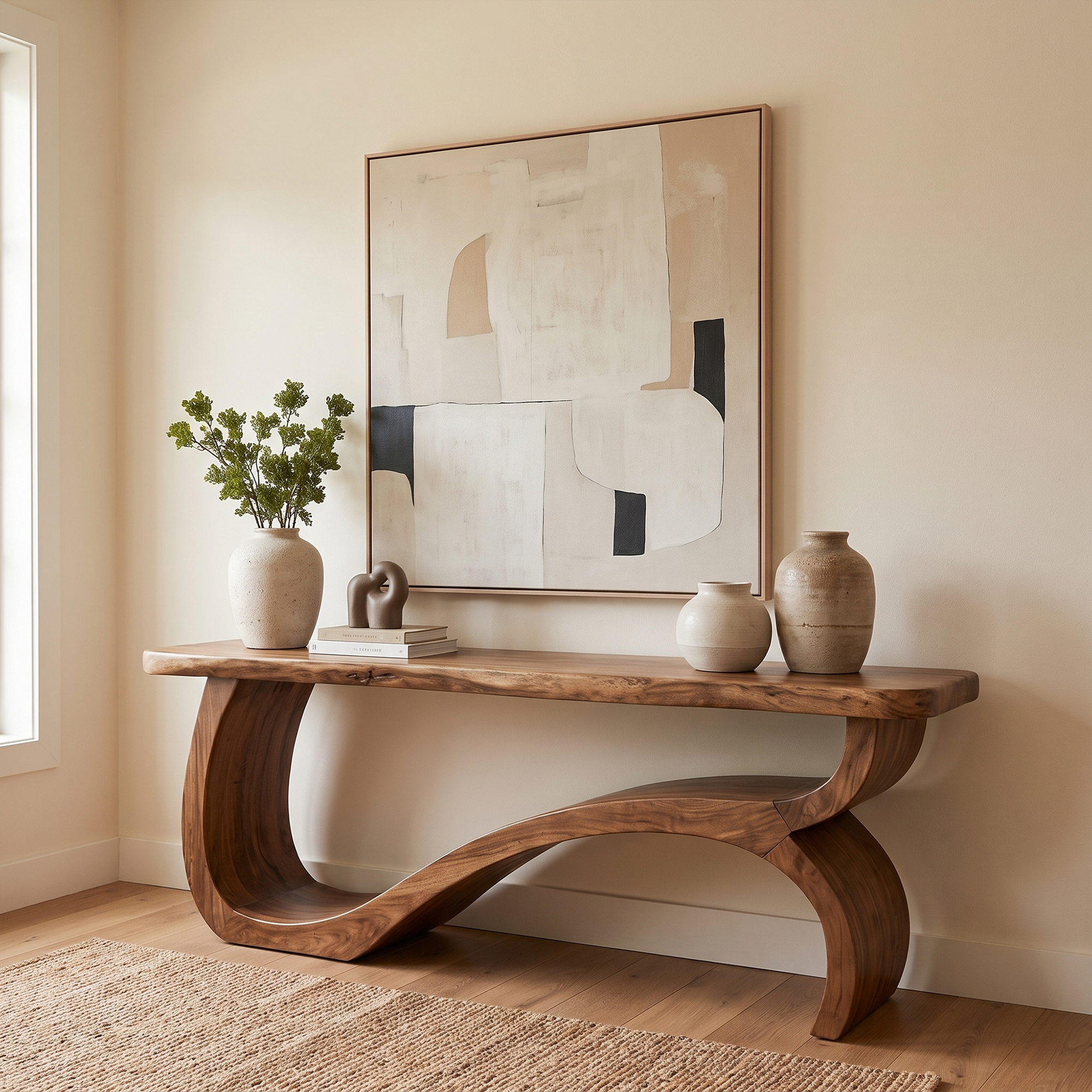 Modern Console Table Table With Sculptural Open Wood Base For Living Room SINLKICS667