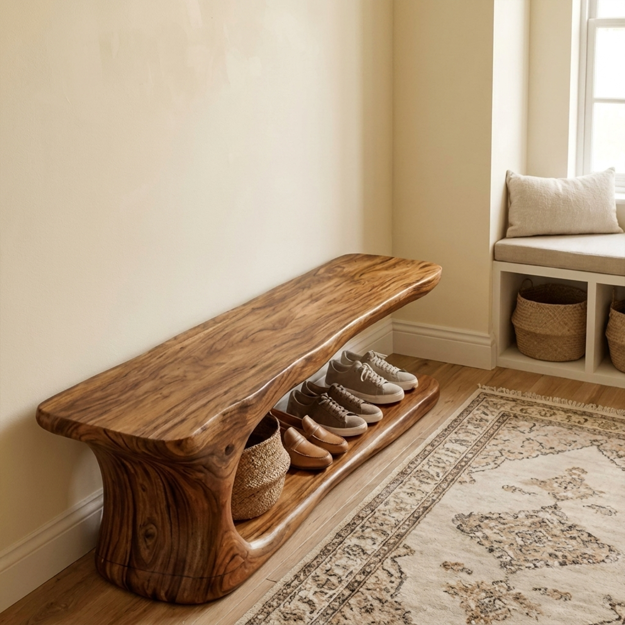 Rustic Natural Edge Wooden Shoe Bench Entry Hall SINLKISB054