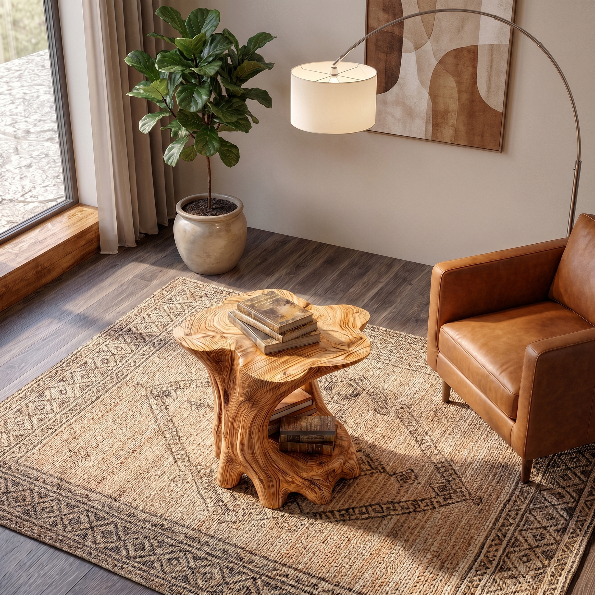 Rustic Beside Table With Solid Wood Base And Open Storage For Living Room SINLKIBT241