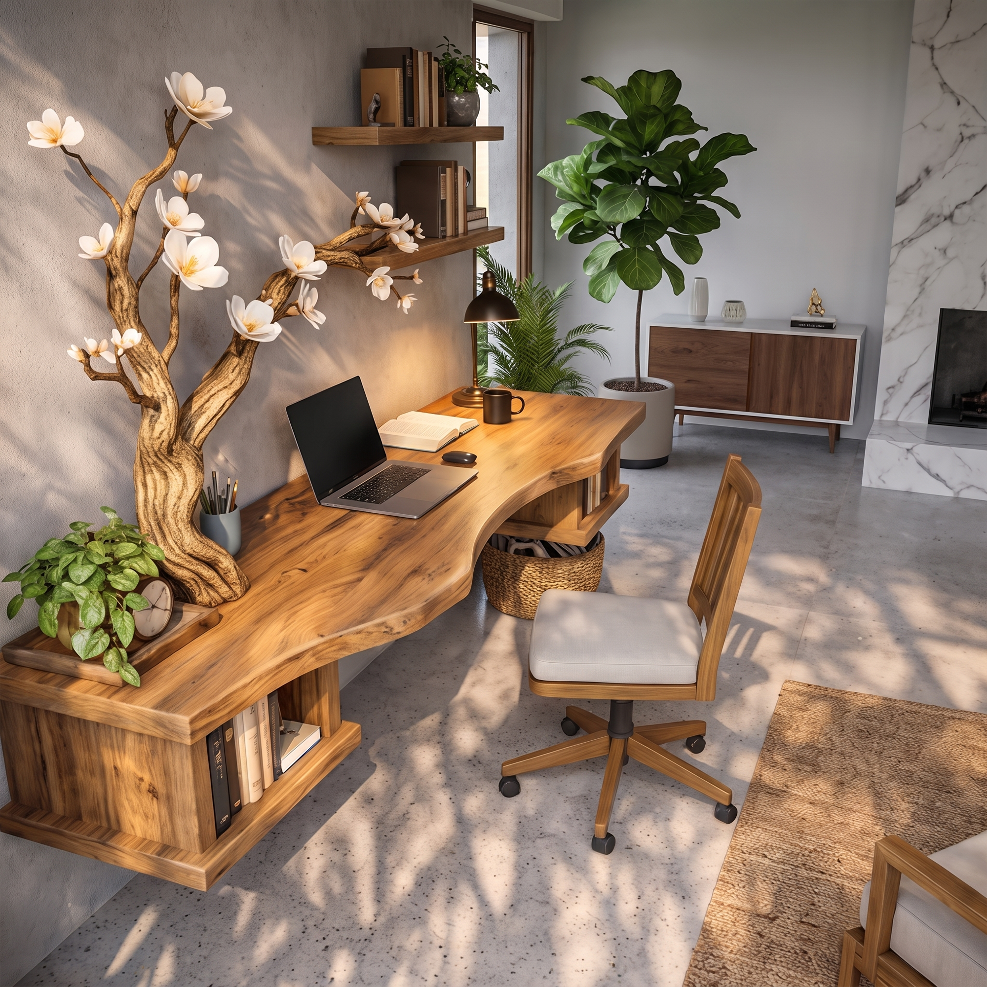 Organic Sculptural Floating Desk With Tree Branch Art For Home Office SINLKIDK087