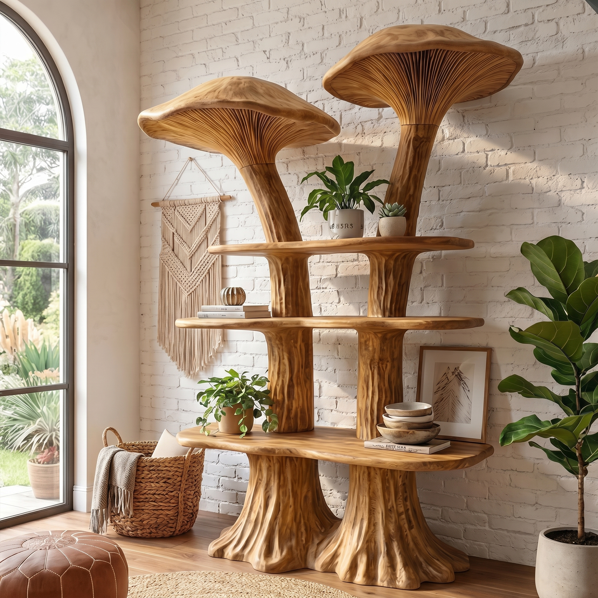 Rustic Mushroom Bookshelf With Handcrafted Solid Wood Shelves For Living Room SINLKITB741