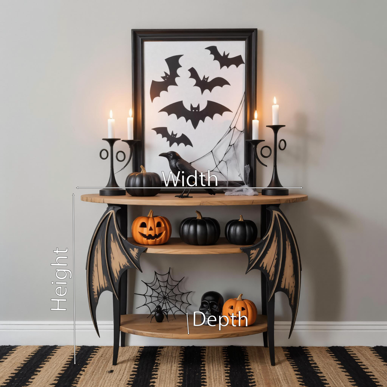 Halloween Wooden Console Table With Bat Wing Legs And Shelves For Entryway Decoration SITHHNHW002
