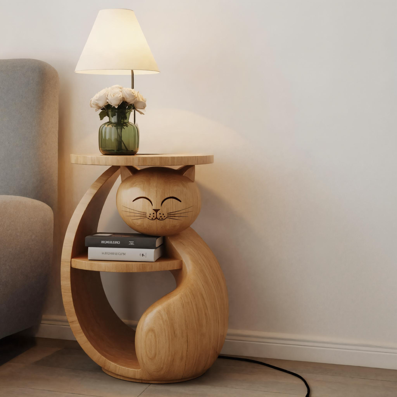 Whimsical Cat Shaped Wooden Side Table With Shelf For Bedroom Or Kids Room SITHHNSTA003