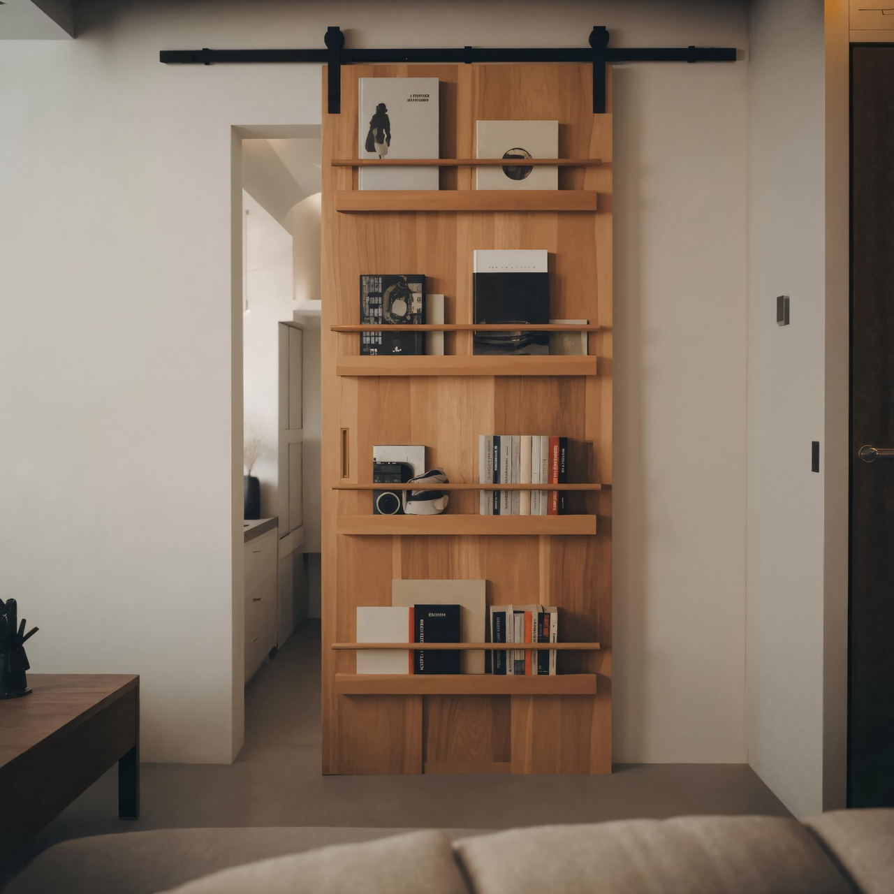 Minimalist Wooden Sliding Door With Bookshelf For Modern Living Room Or Studio SITHHNDOR005