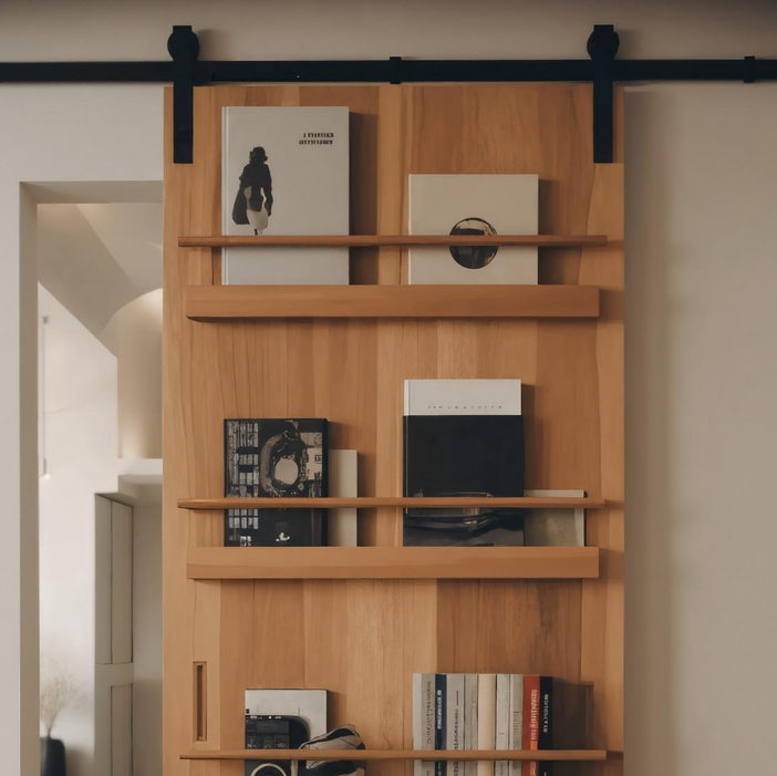Minimalist Wooden Sliding Door With Bookshelf For Modern Living Room Or Studio SITHHNDOR005