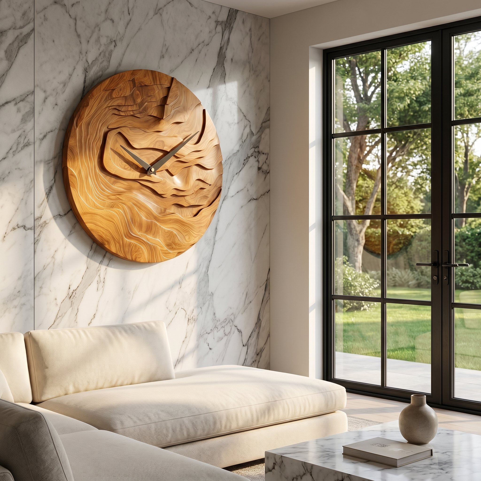 Rustic Wood Wall Clock With Hand Carved Organic Pattern For Living Room SINLHACK025