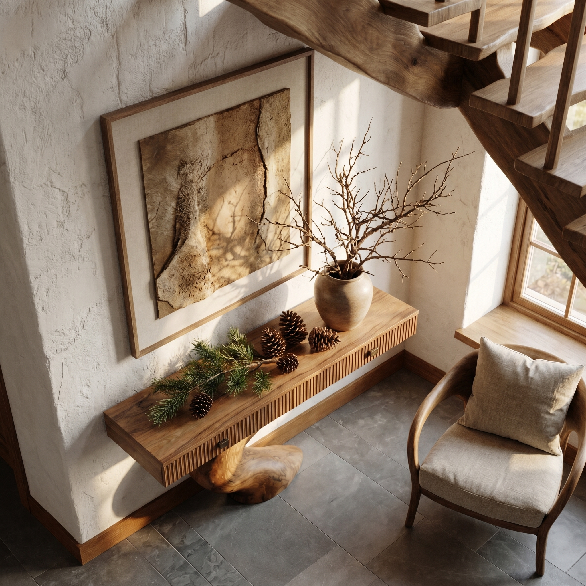 Rustic Console Table With Integrated Drawers And Artistic Tree Root Pedestal For Living Room SINLHACS659