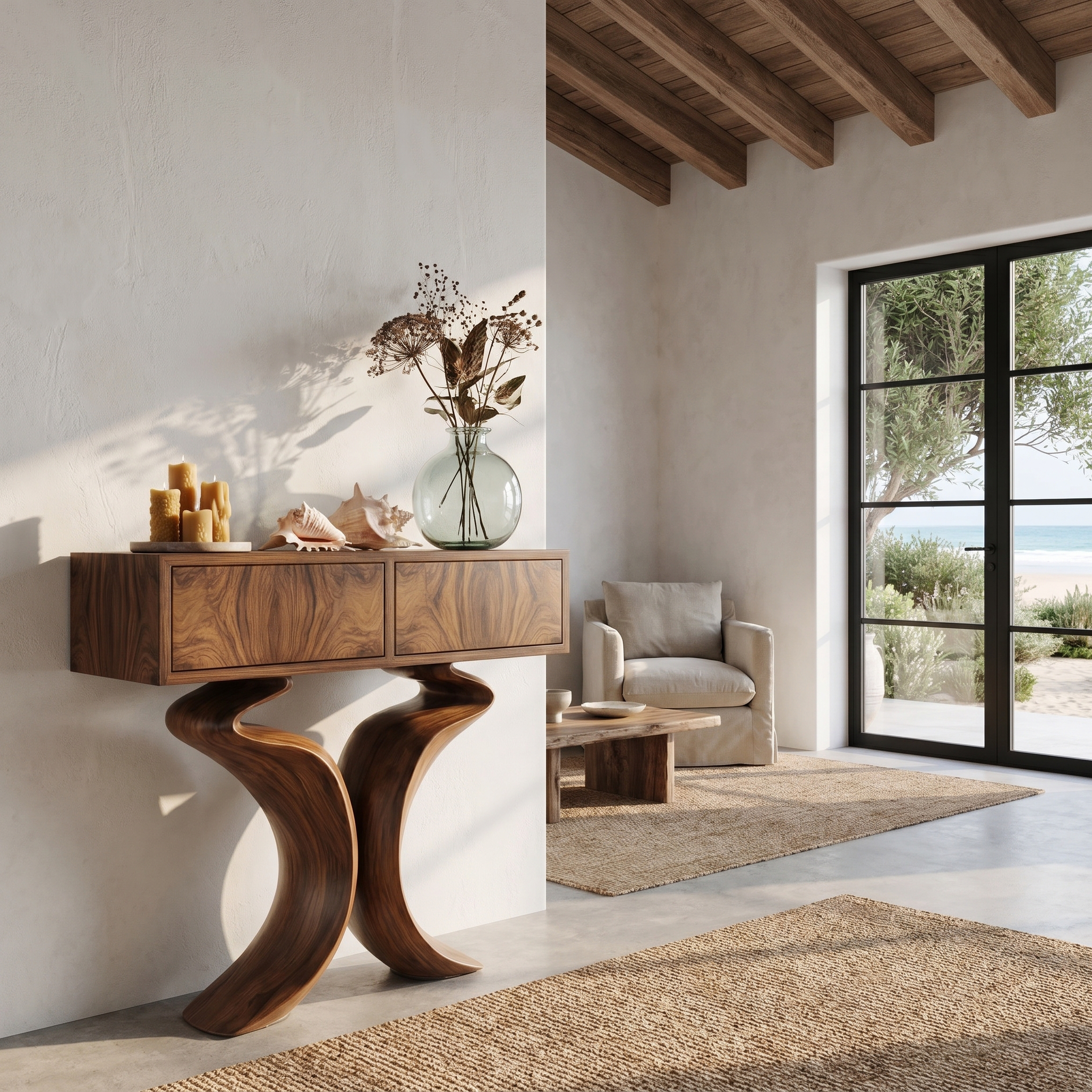 Organic Console Table With Hidden Storage Cabinet For Living Room And Entryway SINLHAFL558