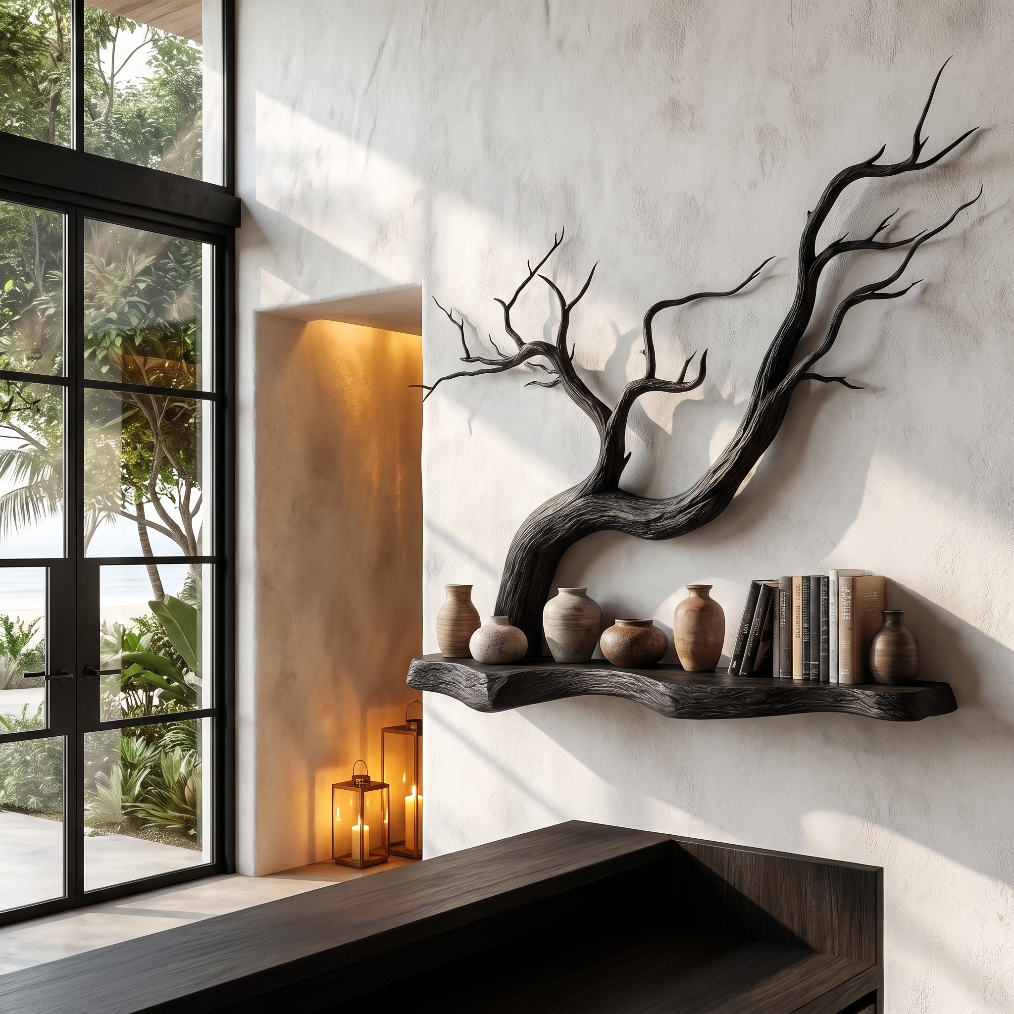 Handcrafted Floating Shelf With Sculptural Tree Branch Form For Living Room SINLHAFL562