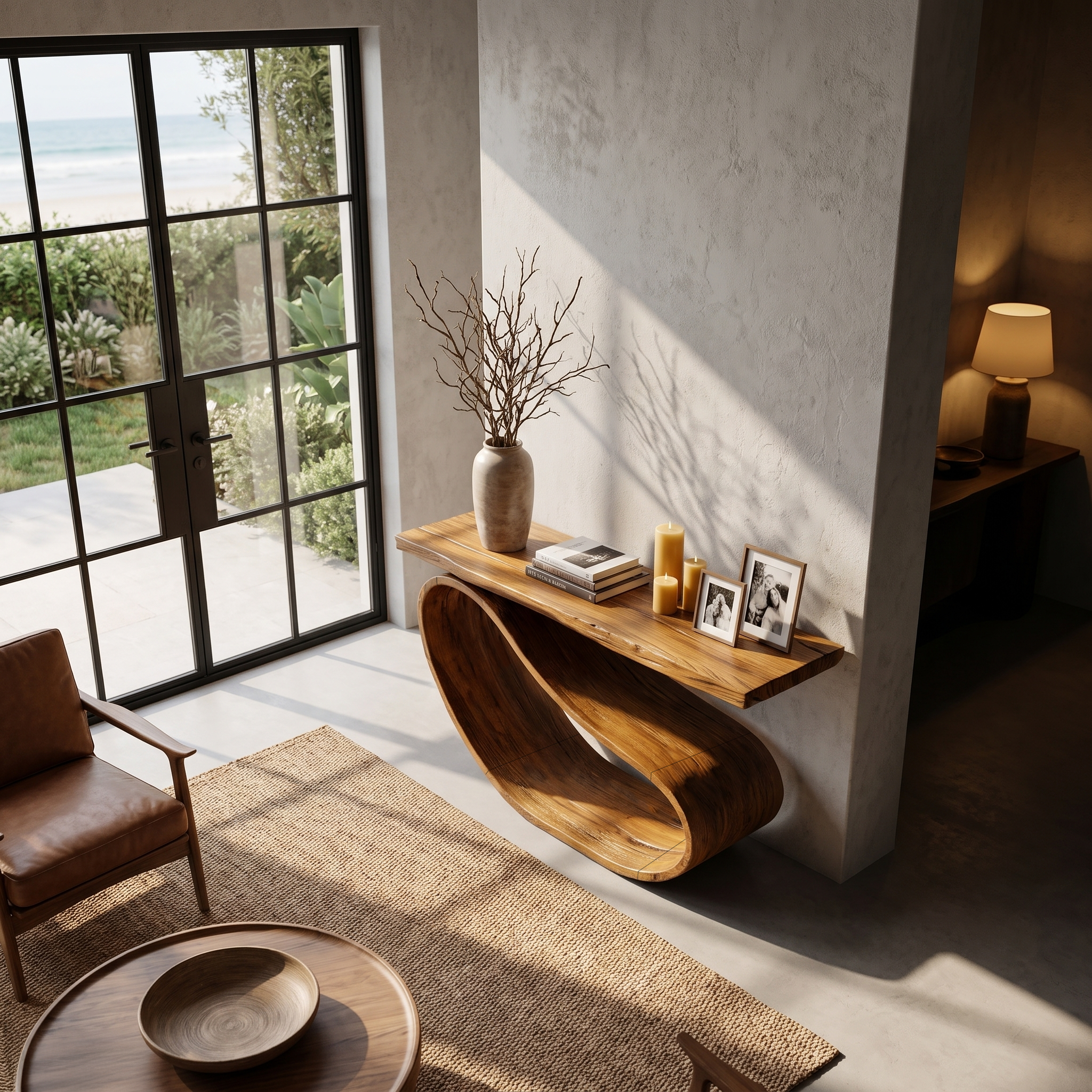 Minimalist Console Table With Sculptural Wood Base For Entryway SINLHACS669