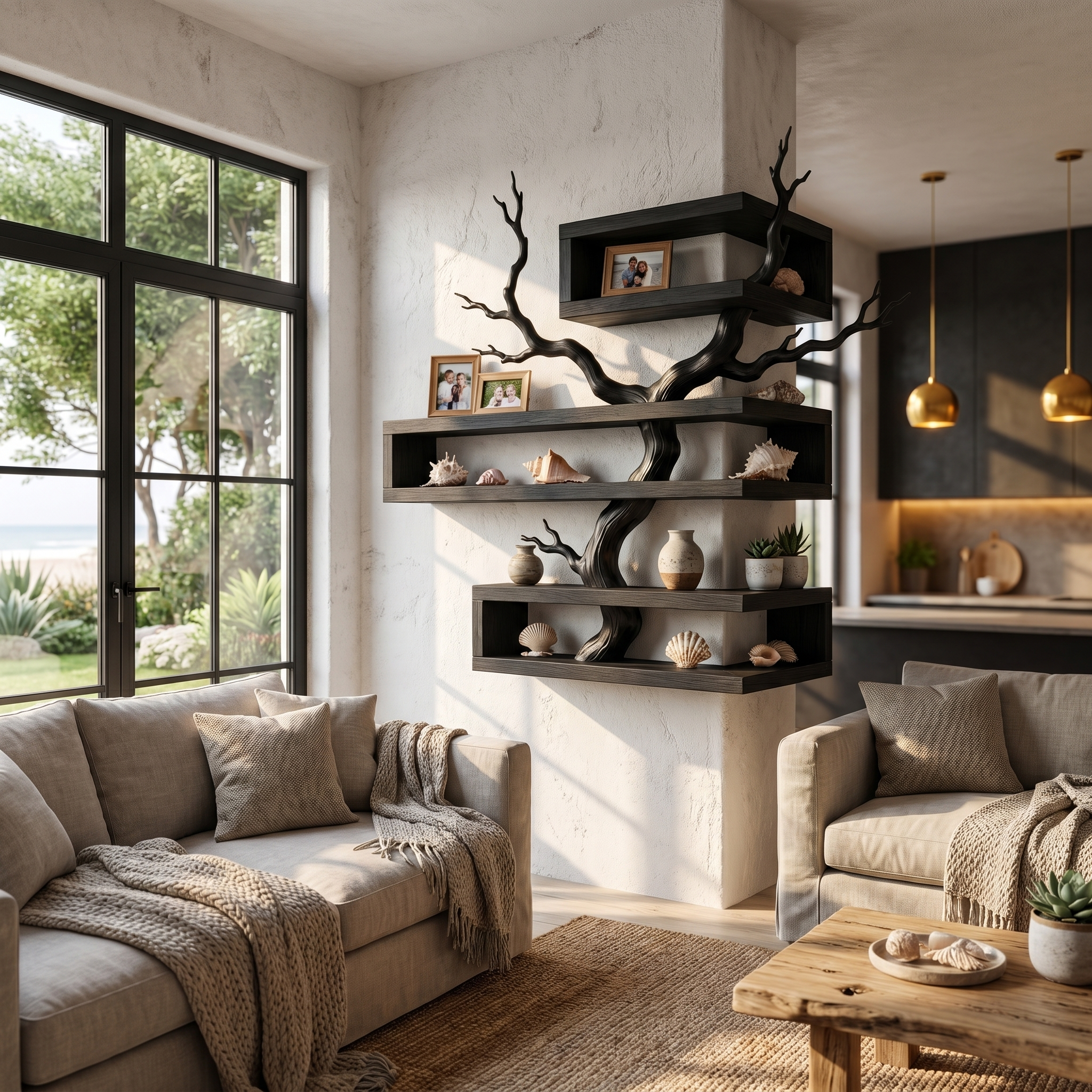 Rustic Corner Floating Shelf With Artistic Branch Shelves For Living Room SINLHAFL560