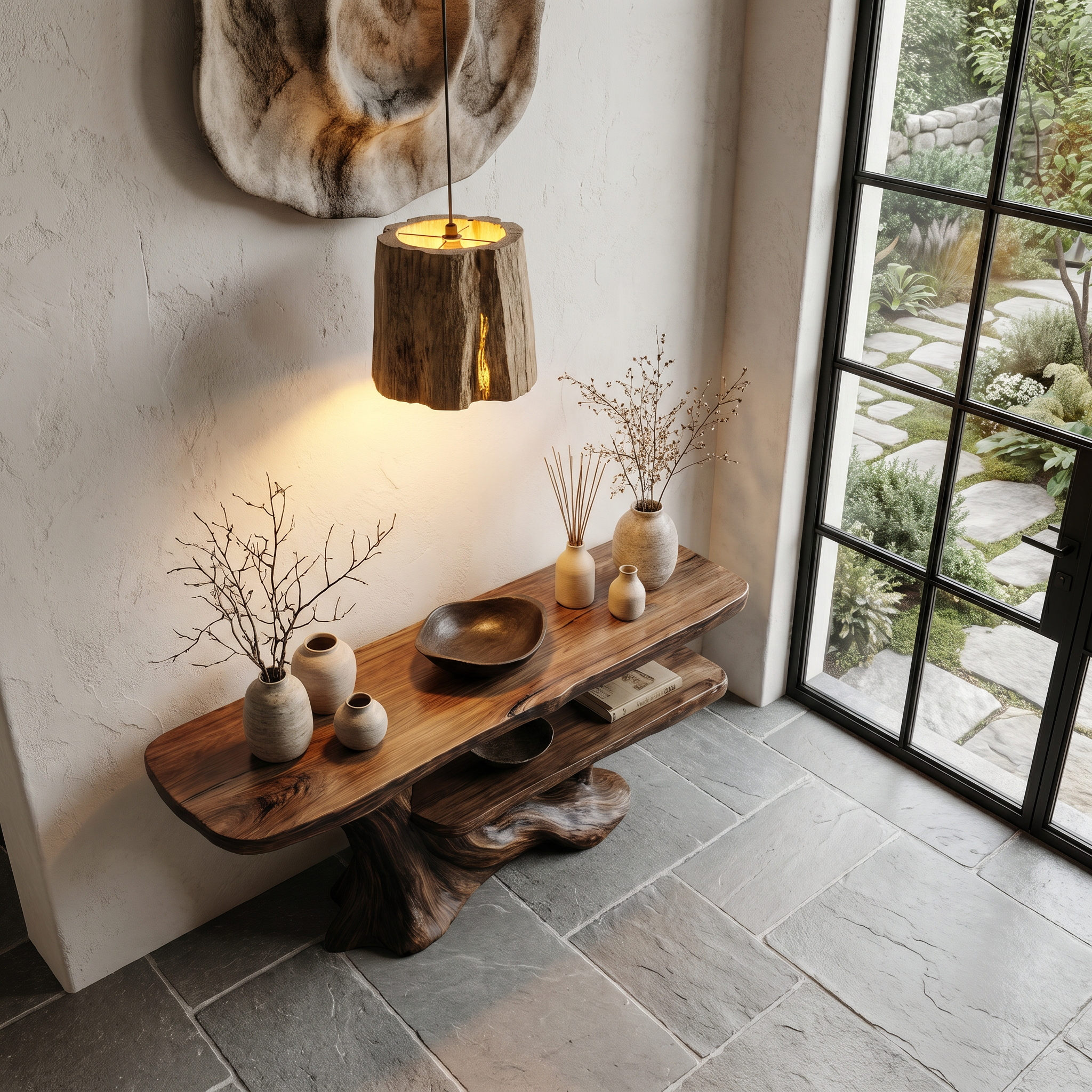 Rustic Console Table With Handcrafted Tree Root Base And Tiered Shelves For Entryway SINLHACS627