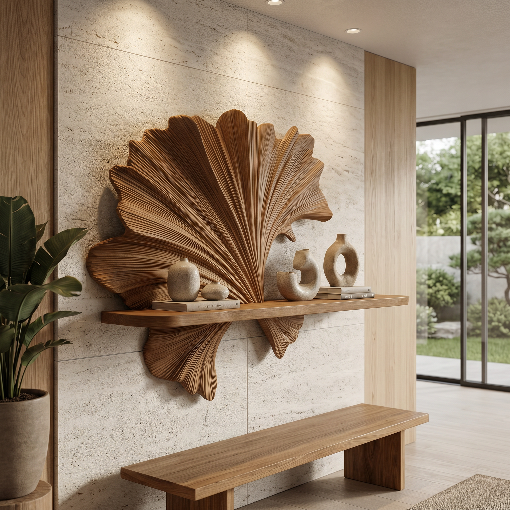 Carved Fan Shape Floating Wall Shelf For Living Room And Bedroom SINLHAFL538