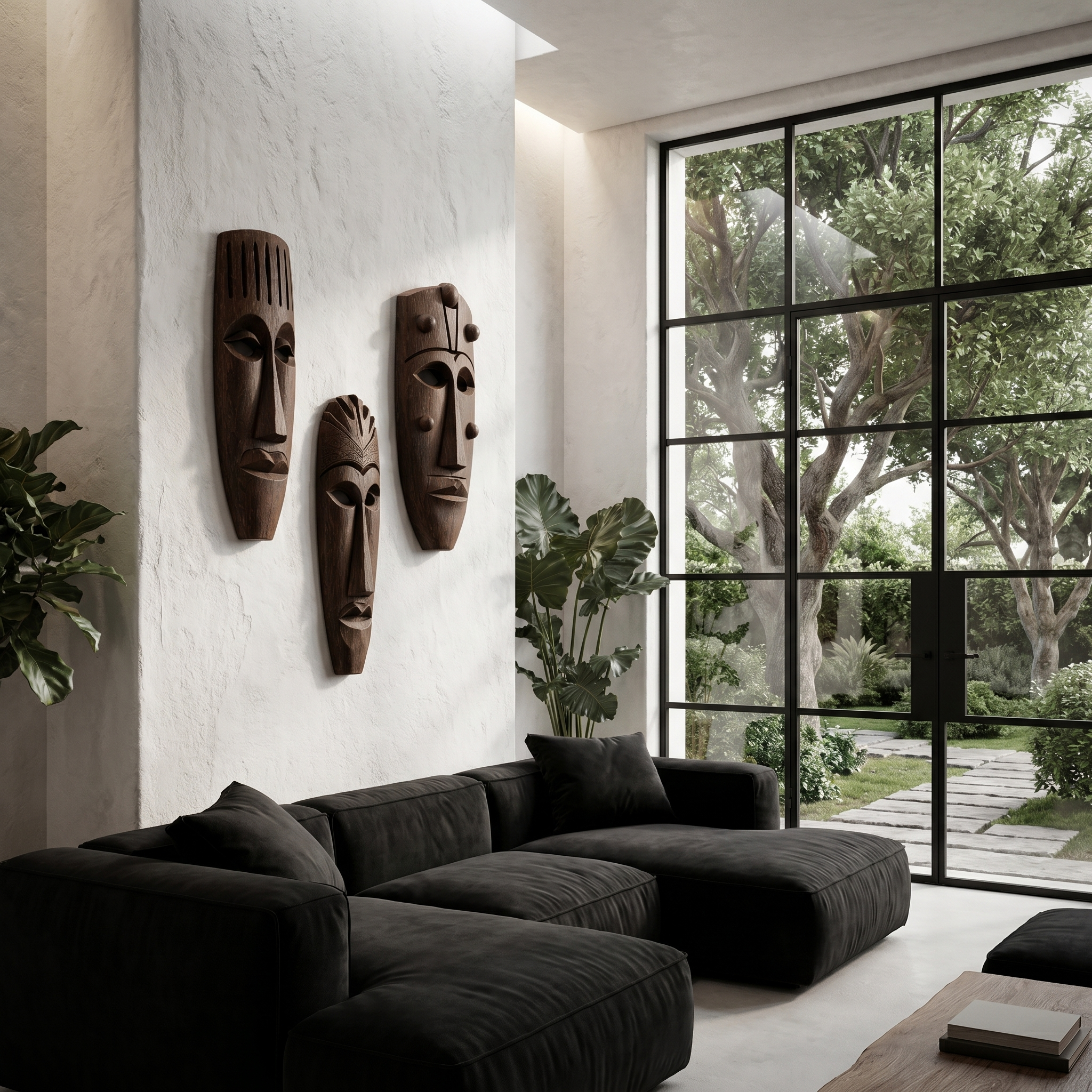 Hand Carved Wooden Wall Art Set With Tribal Mask Design For Living Room And Entryway SINLHAWD101