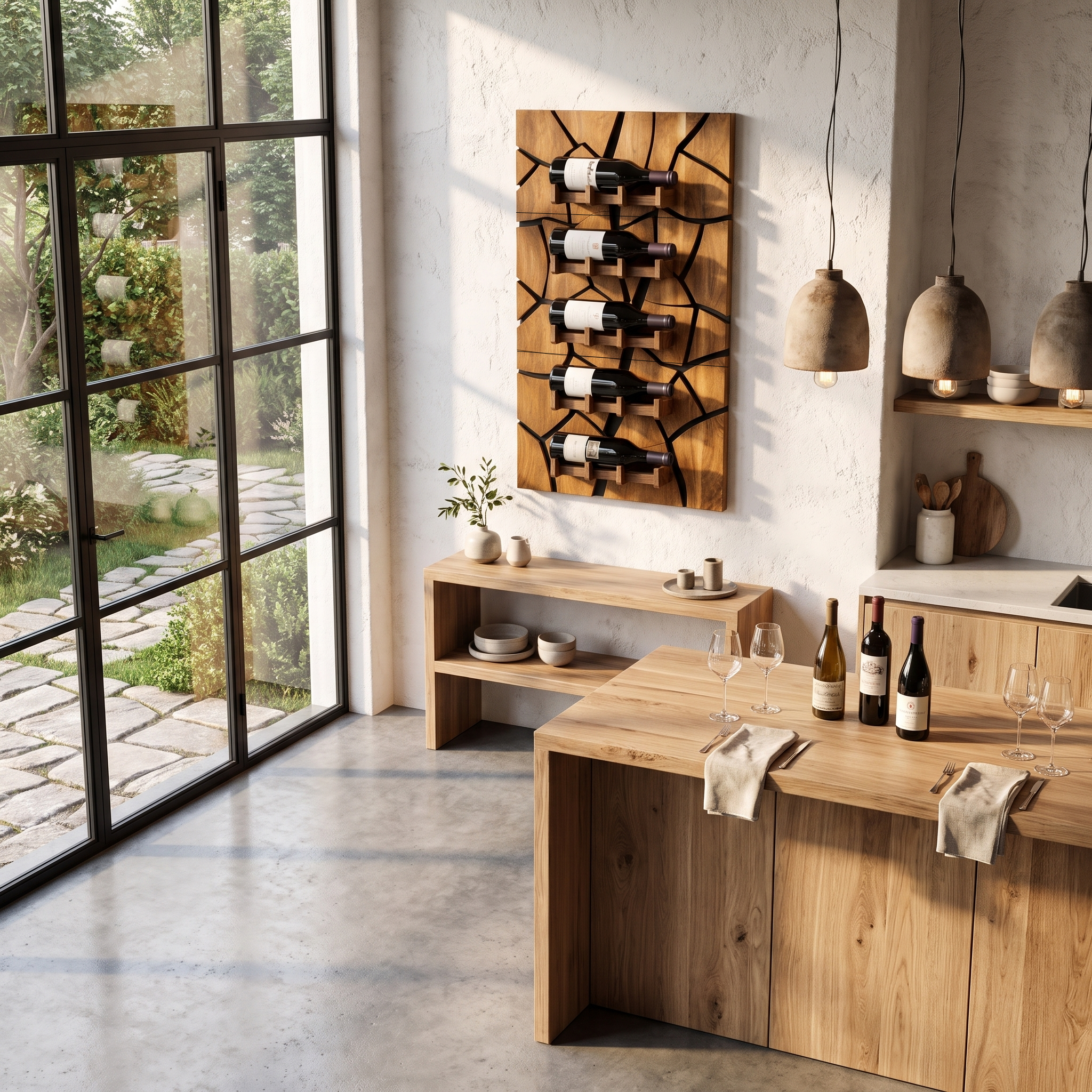 Rustic Wall Mounted Wine Holder With Geometric Bottle Display For Dining Room SINLHAWH046