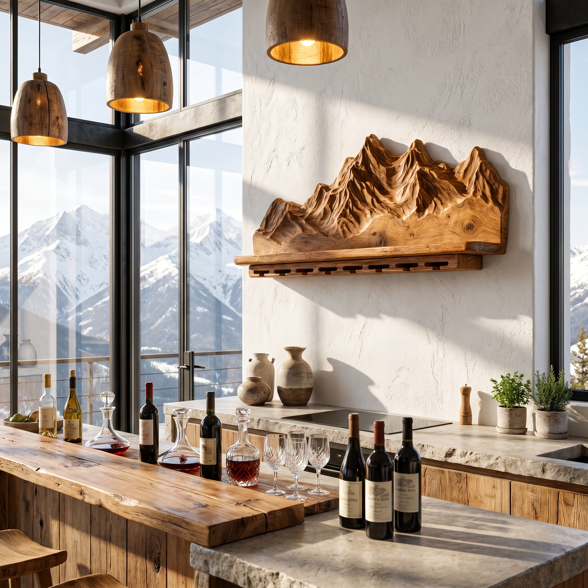 Nature Inspired Wall Wine Holder With Mountain Shelf For Home Bar SINLHAWH045