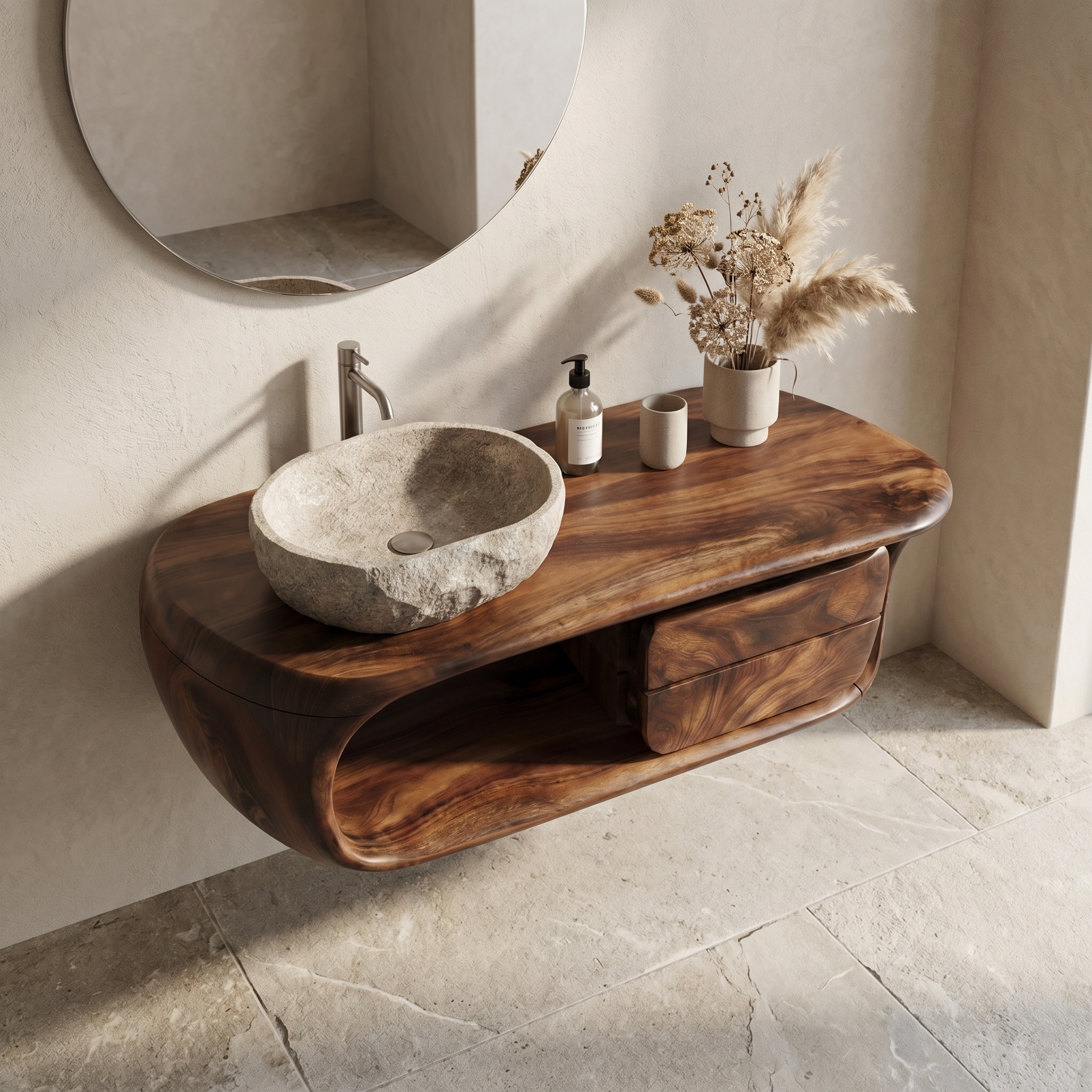 Floating Bathroom Vanity With Curved Wooden Base And Storage Drawer For Modern Bathroom SINLKIBRV304